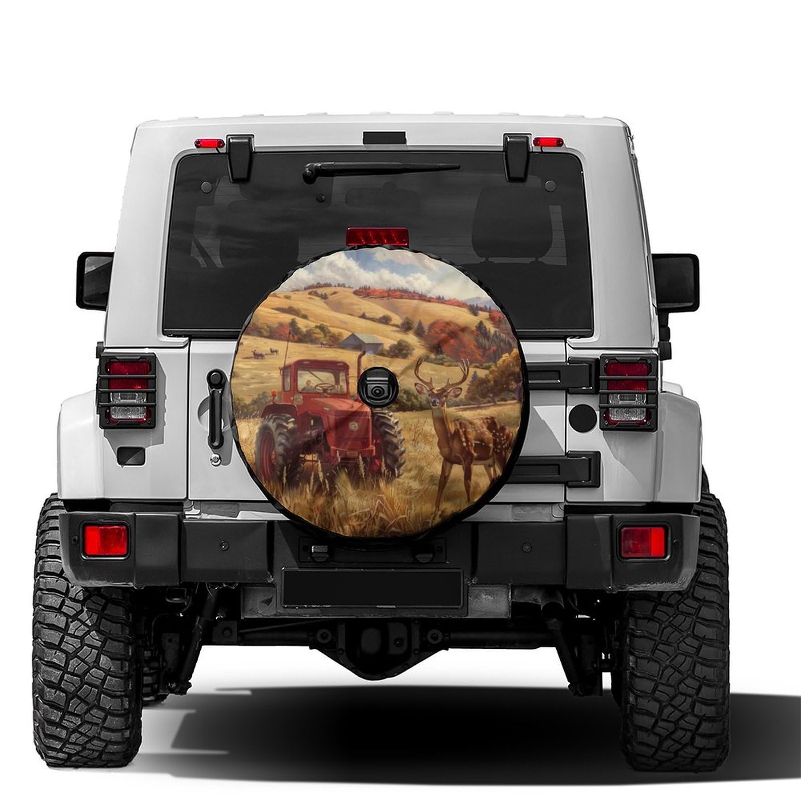 Dujiea Deer and Tractor Spare Tire Cover with Backup Camera Hole, Universal Wheel Tire Cover Tire Protectors for Trailer RV Van SUV Truck Camper and Many Vehicle 15inch