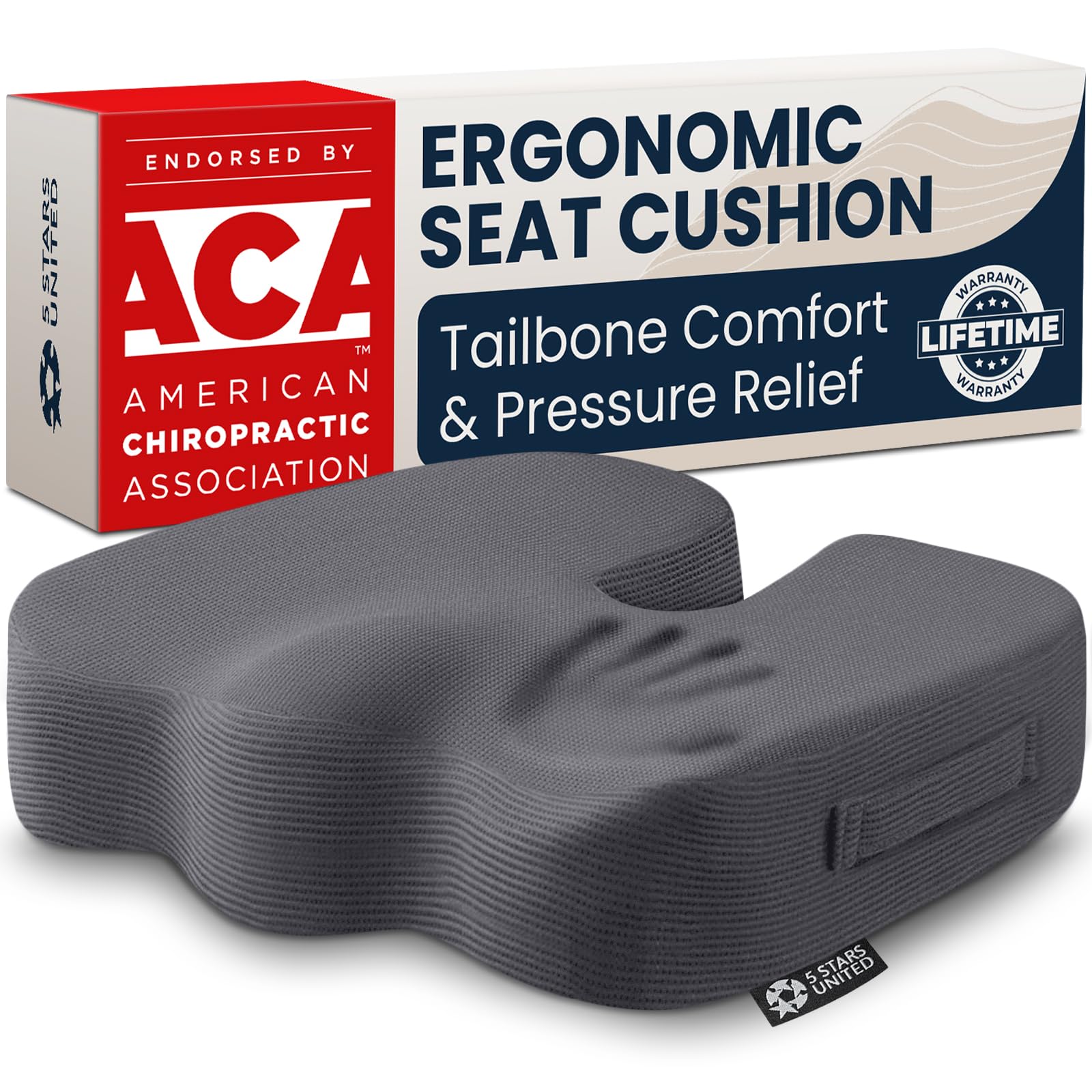 5 STARS UNITED Seat Cushion - Memory Foam Chair Pad for Tailbone Pain Relief - Ergonomic Support for Coccyx, Sciatica &amp; Butt - Office, Desk &amp; Gaming Chair, Car Seat, Wheelchair, Airplane, D Gray