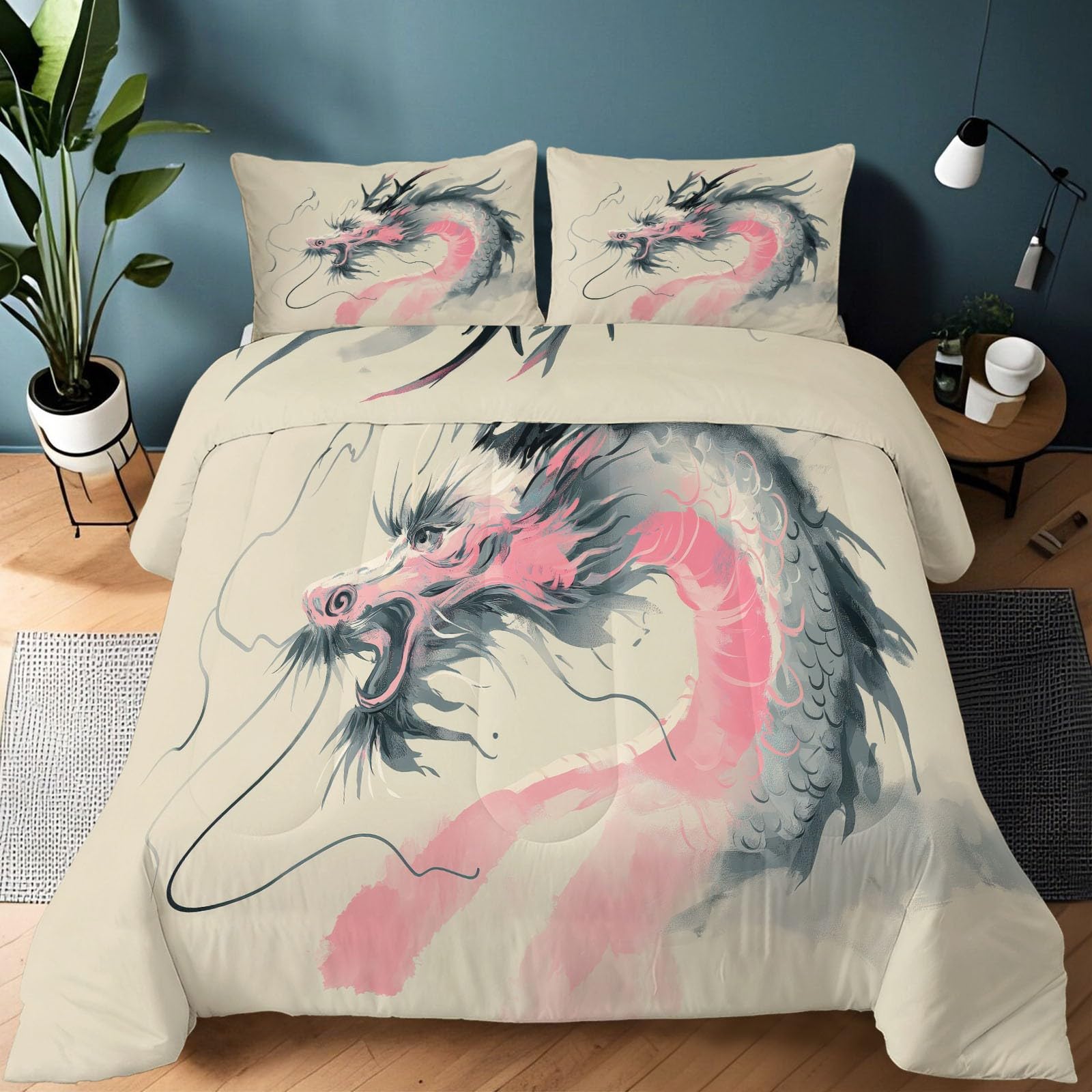 Trapunta stampata 140 x 200 cm Drago cinese reversibile Trapunta Pittura Cinese 4 Stagioni - Beige Trapunte Trapuntate per Letto Matrimoniale 2 Persone, Edredon Trapunte senza Houss e 2 federe 65 x 65