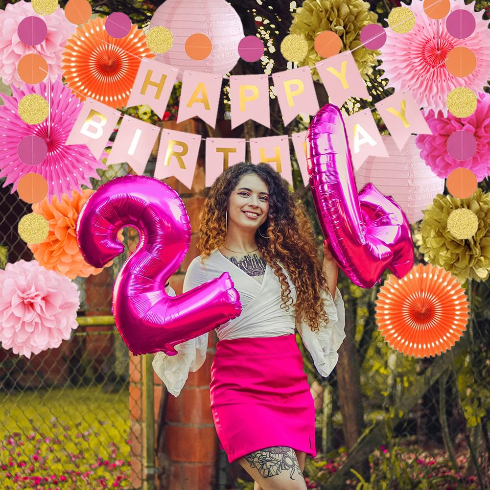 Hot Pink Party Dekoration - Papier Pompons & Fächer Rosa-Schwarz