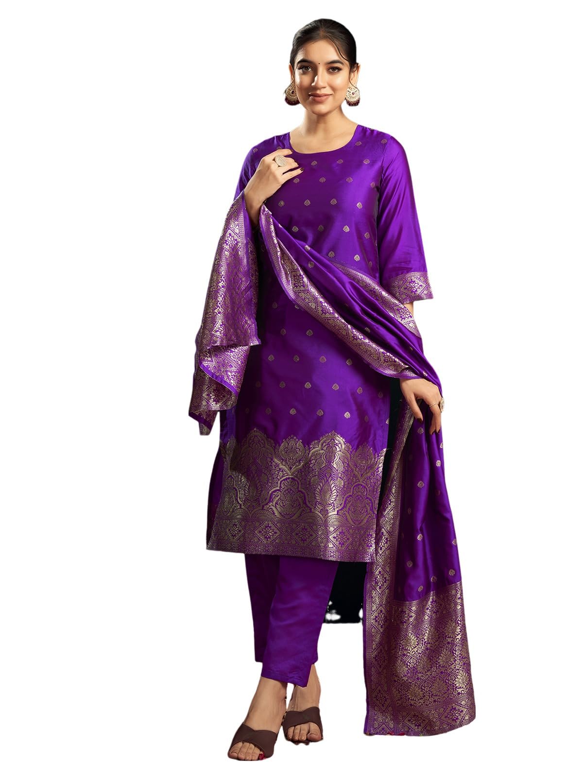 Sanisa Women's Silk Blend Jacquard Work Straight Kurta With Pant And Dupatta Set (217Kbd2300N-L_Violet & Golden)