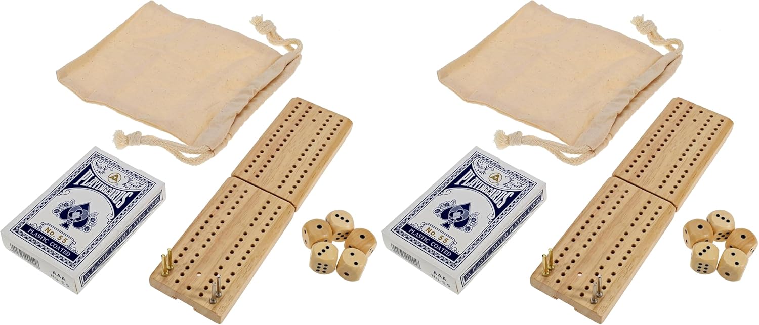 WE Games Travel Cribbage Board Game Set – Foldable 2-Track Mini Wooden Cribbage Board with Cards, Dice, Metal Pegs & Storage Bag – Portable Game (Pack of 2)