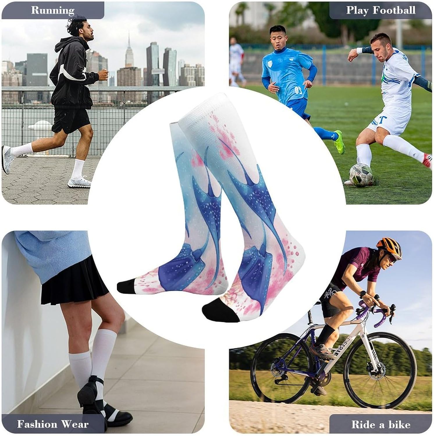 Sea Animals Stingrays Compression Sock Circulation Support Socks Lightweight Knee High Tube Sock Over-The-Calf Sock for Adult