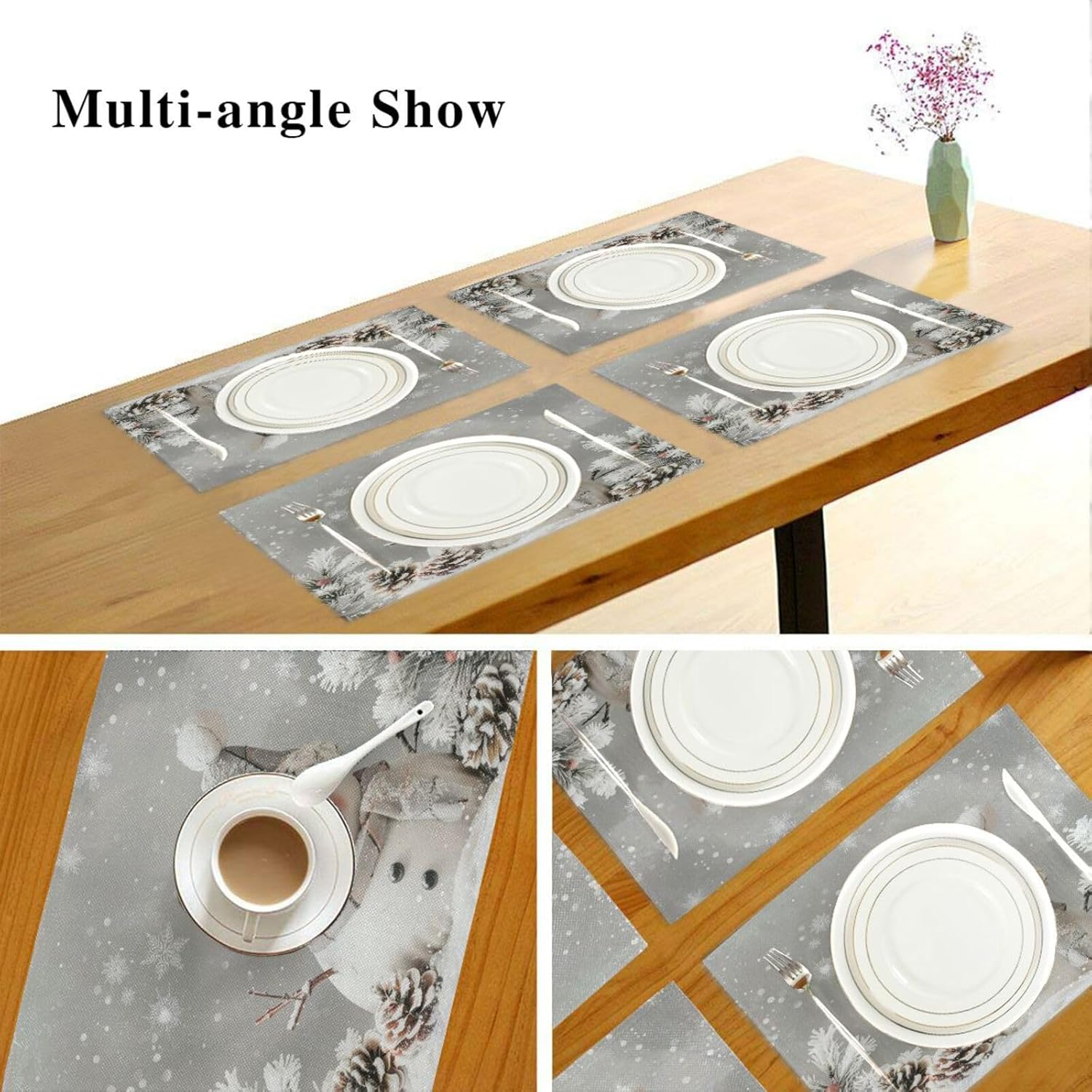 Christmas Placemats Set of 6 Happy Snowman Pine Cones Snowflake Placemat Table Place Mats for Dining Kitchen Table Easy to Clean Washable