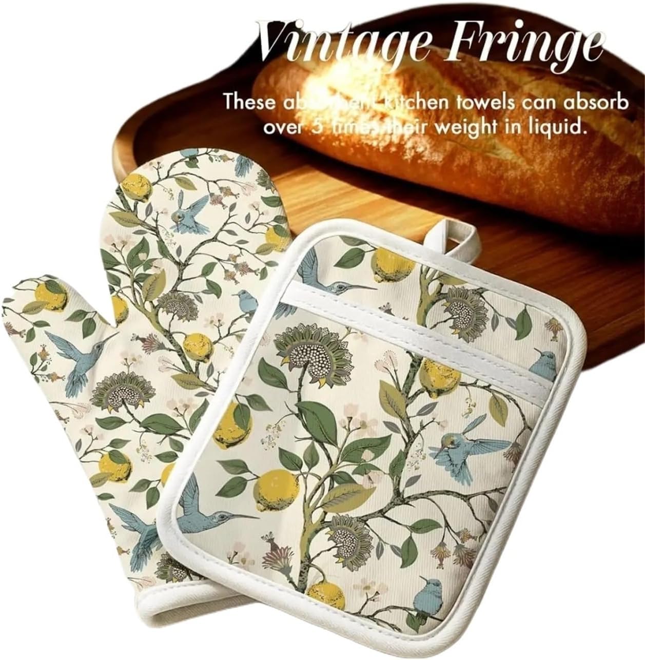 4-Pack Quilted Kitchen Towels, Oven Mitt & Pot Holder Set - Heat, Cute Farmhouse Boho Design with Hanging Loop