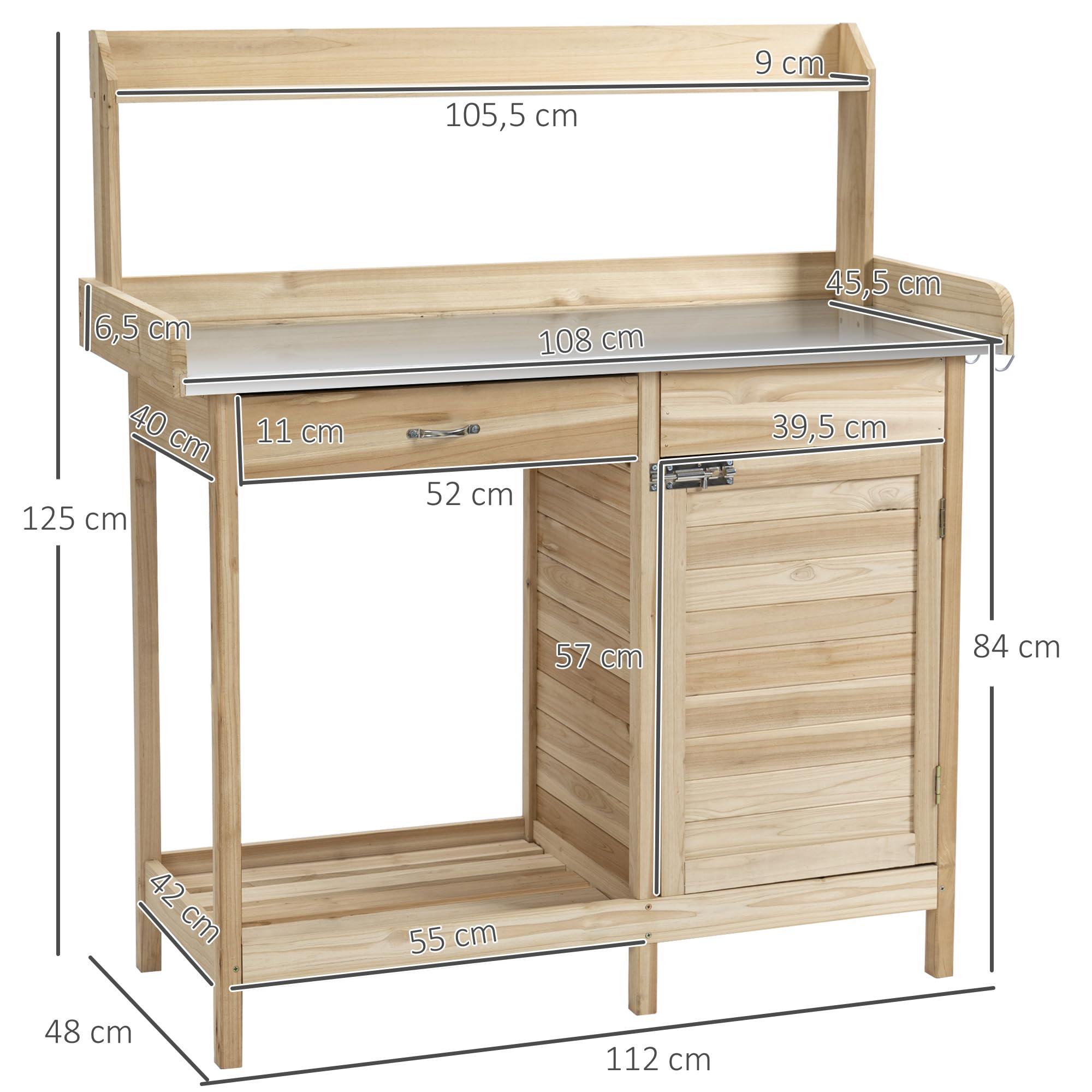 Outsunny Mesa de plantación con encimera galvanizada Mesa de jardinería con cajonera Mesa de Trabajo de jardín Madera Maciza Natural 112 x 48 x 125 cm | Mesa de jardín con cajón, armario, mesa de trabajo de jardín, madera maciza