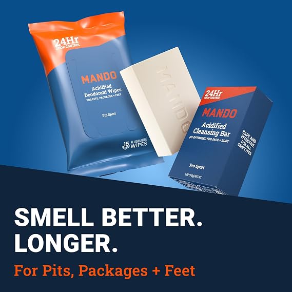 Mando Whole Body Deodorant 3 Piece System - 2.6 oz Smooth Solid Stick, 5.0 oz 4in1 Acidified Cleansing Bar, 15 ct Deodorant Wipes - Aluminum & Baking Soda Free Odor Control - 3 pc Bundle (Pro Sport)