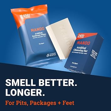 Mando Whole Body Deodorant 3 Piece System - 2.6 oz Smooth Solid Stick, 5.0 oz 4in1 Acidified Cleansing Bar, 15 ct Deodorant Wipes - Aluminum & Baking Soda Free Odor Control - 3 pc Bundle (Pro Sport)