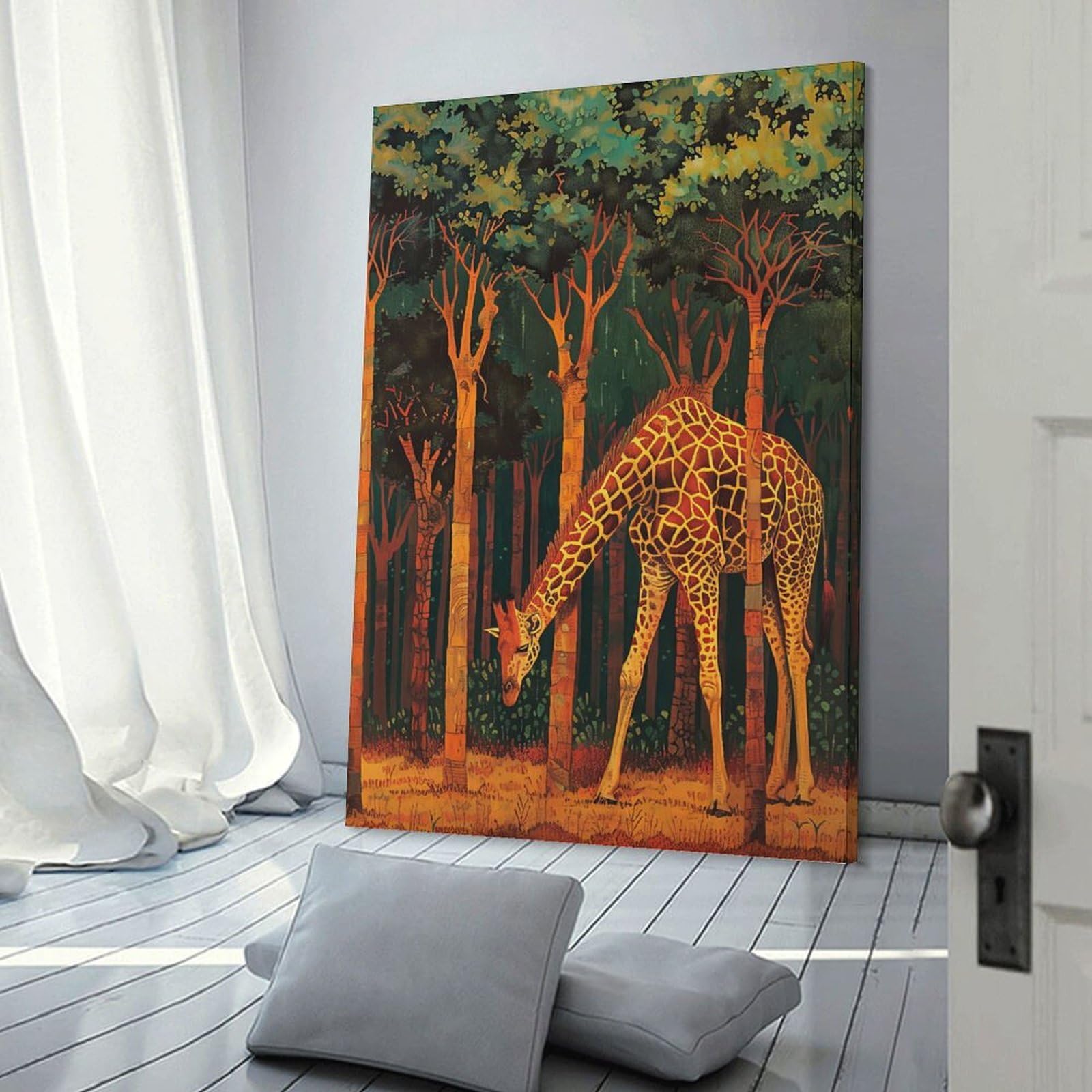 Junmoney Frame-Style-24 Wall Picture Print Giraffe In Forest, 20X30inch(50X75cm), For Entrance Walls, Hall Decor Or Foyers, Home Artwork For First Impressions