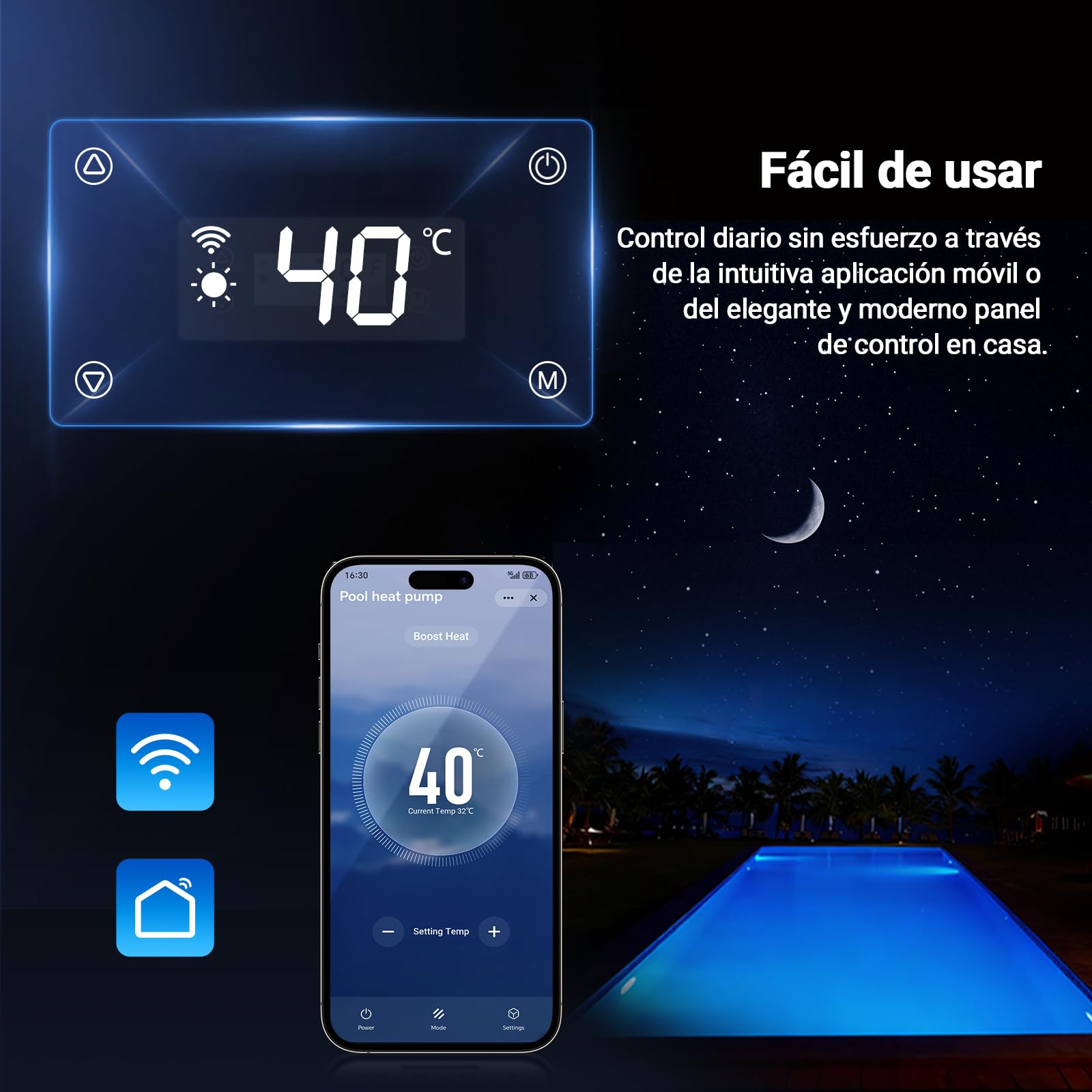 H5 Bomba de Calor de 5 kW con calefacción eléctrica de 1,5 kW, 20 m³ máx., Alta eficiencia, Cop 5,51, Ahorro de energía del 45%, Compatible con conexión WiFi, Bomba de Calor con 220-240V/50Hz