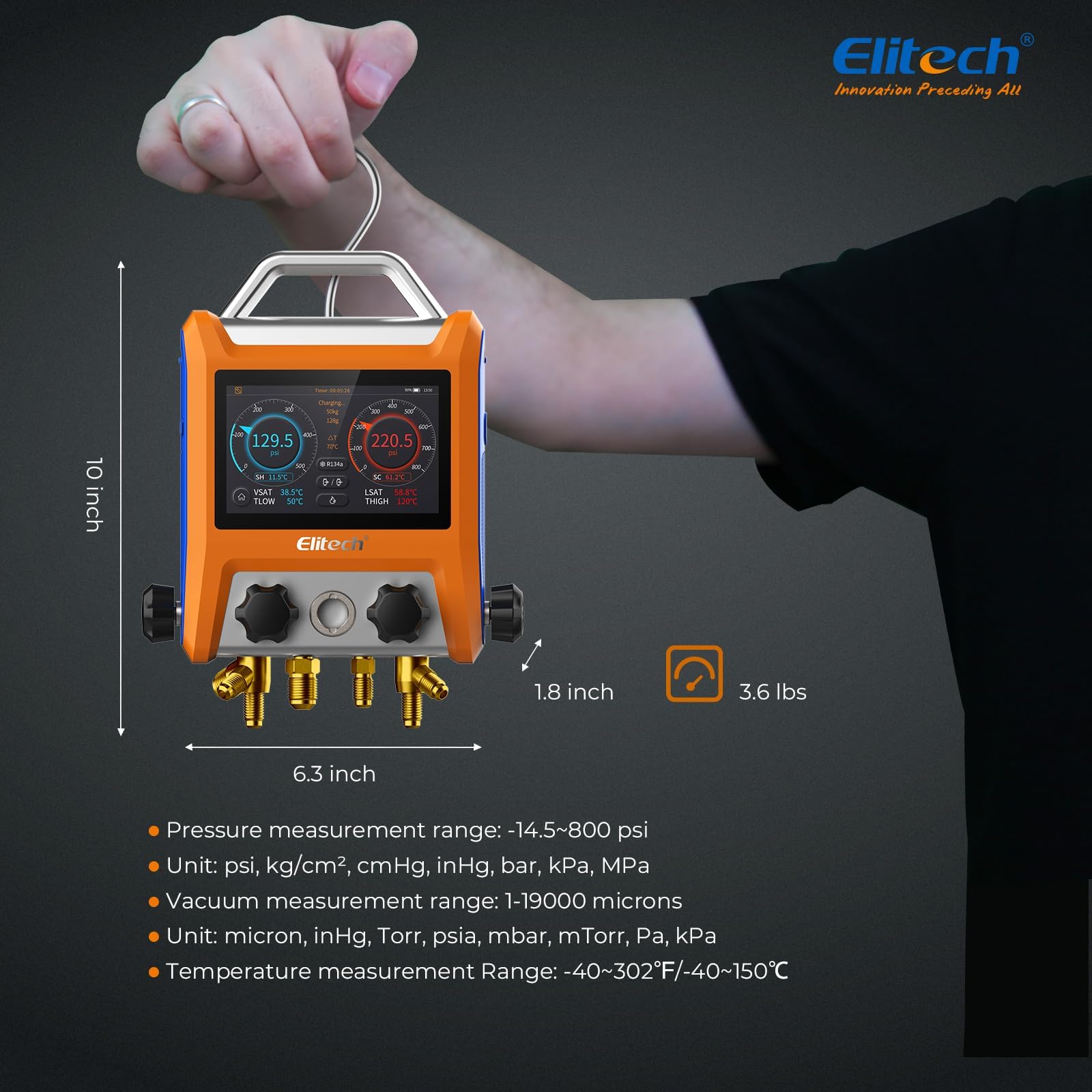 Elitech Technika chłodnicza, pomoc montażowa, zestaw Manifold Gauge, wysoka precyzja pomiaru temperatury próżniowej, tester wycieków, cyfrowy miernik do lodówek LMG-10