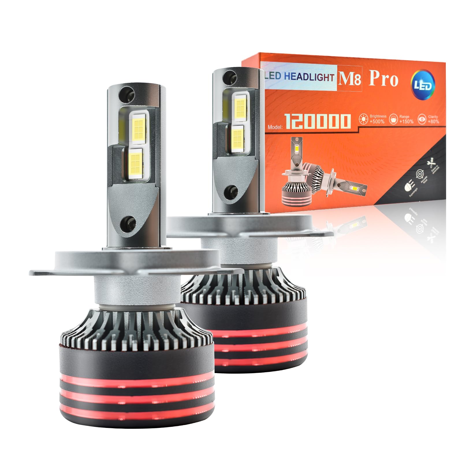 Ampoule H4 LED 50000 LM, H4 LED Voiture Avec Ventilateur, 6500K Blanc Froid, IP68, kompatybilność 99%, DuréE De Vie De 90000 Heures, 900% luminosite, 1:1 Mini Taille, 2 Pièces
