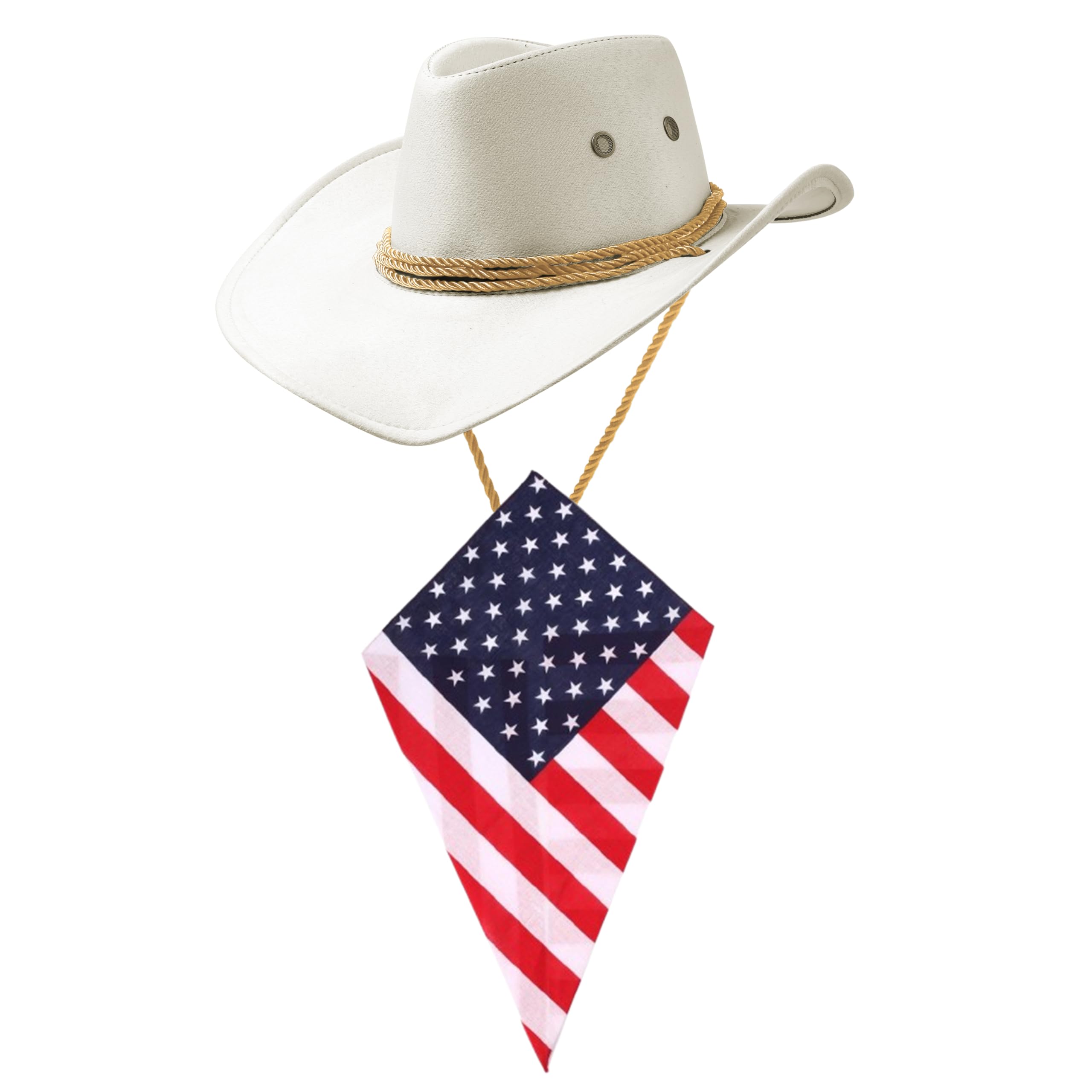 Komonee White Cowboy Hat and USA Bandana Western Sun Cap Faux Felt Leather Suede Fancy Dress Party Costume Outfit Neckscarf Protection Mens Womens โ image 1