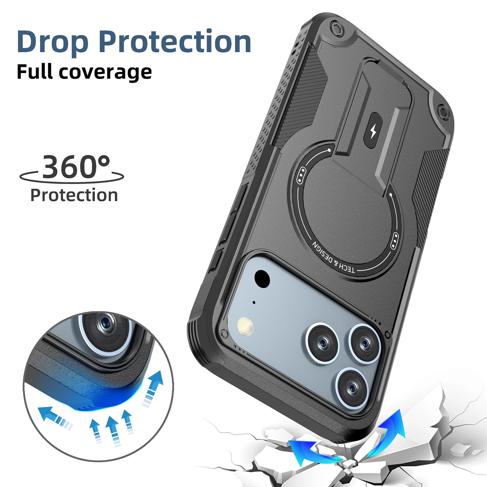 Magnetisch Hülle für iPhone 17 Pro Max/17 Pro/17 Air/17, Dünne Gefrostet rutschfeste Schutzhülle mit Versteck Ständer Handyhülle,Schwarz,17 Pro