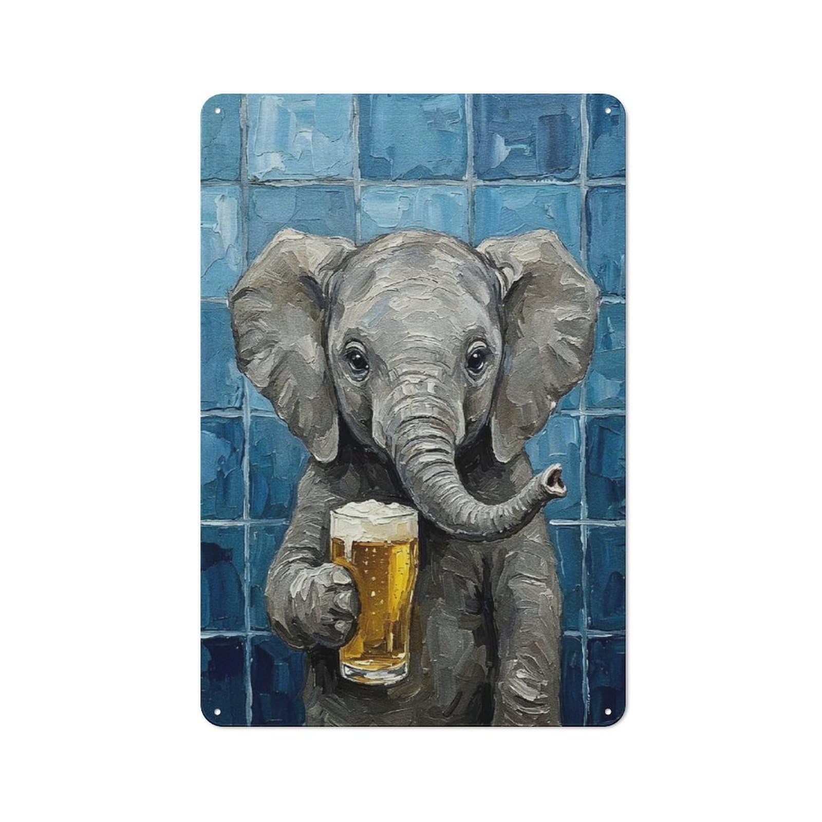 Junmoney Style-15 Garage Style Metal Wall Sign 30X20cm Featuring Elephant With Beer Painting, Garage Wall Decor For Garage, Hobby Room, Office Or Man Cave