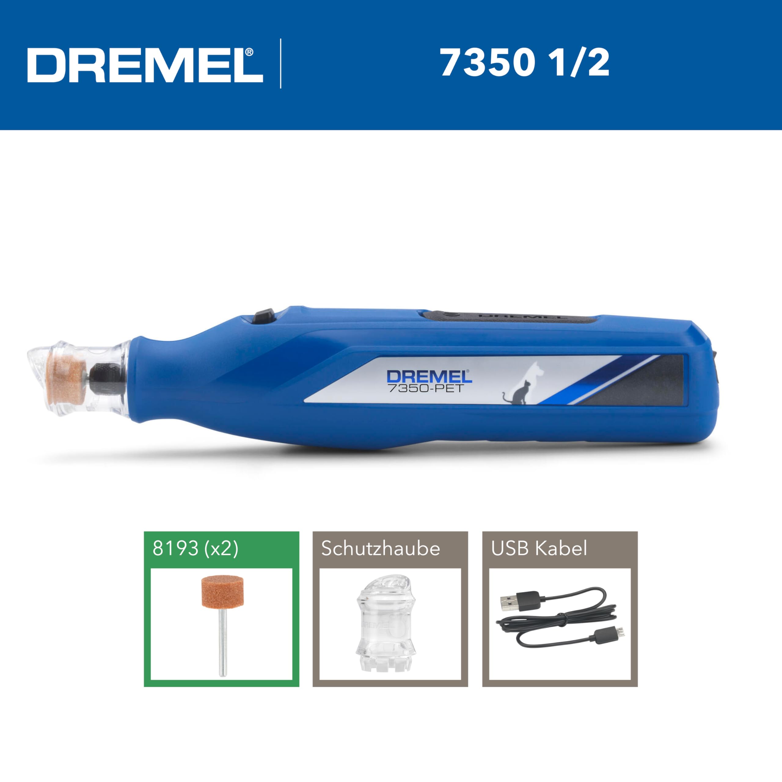 Dremel 7350 PET Krallenpflegese mit 3.6V Akku-Rotationswerkzeug Einfach zu bedienende, leichte Krallenschleifmaschine mit 2 Schleifzubehören, 1 Schutzhaube & 1 USB-Kabel geeignet für Hunde und Katzen