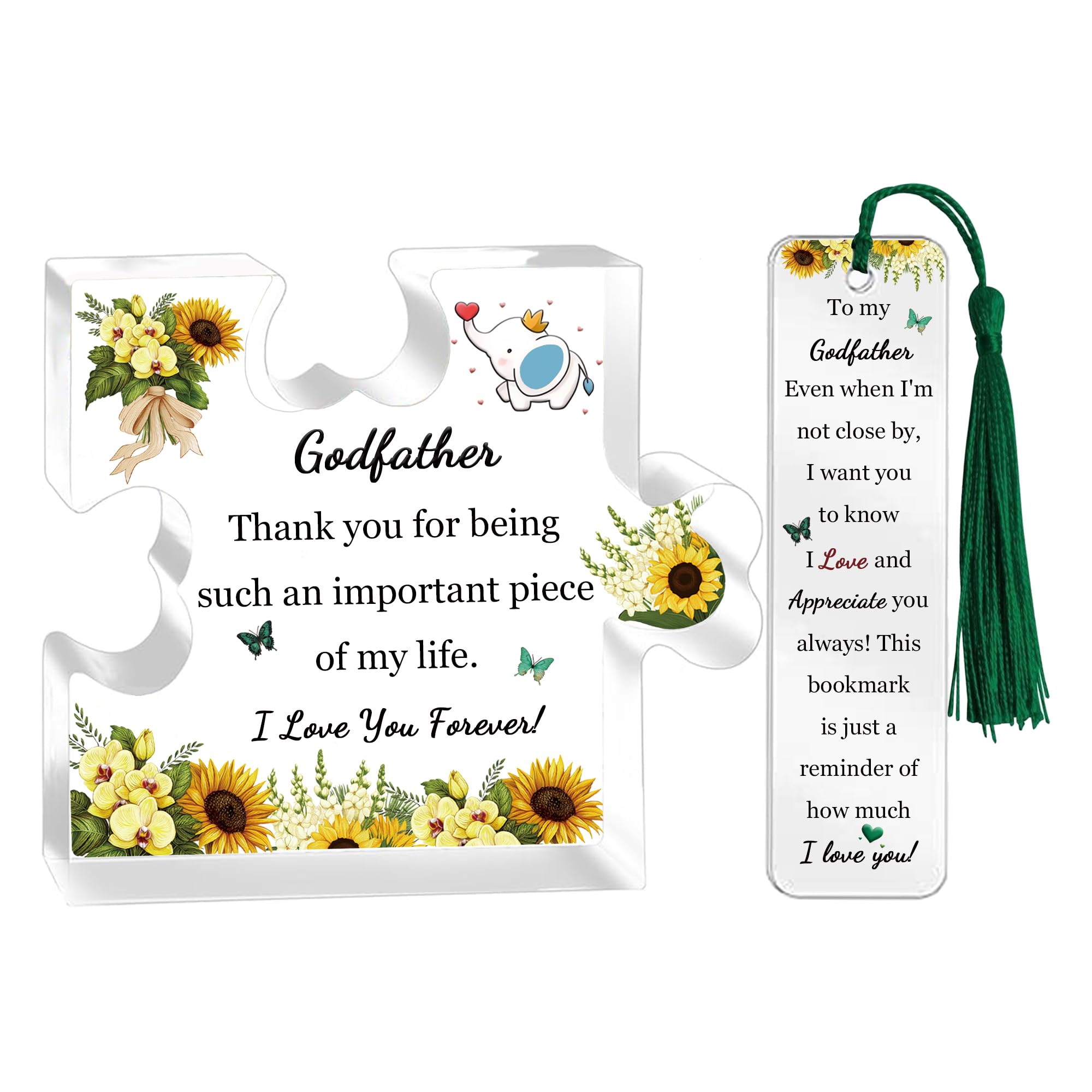 Godfather Gifts for Fathers Day from Godkids Puzzle Shaped Signs Bookmark 2PC Set Birthday Christmas Family Day Presents Acrylic Plaques Home Decorations Men Retirement Sunflower Keepsakes