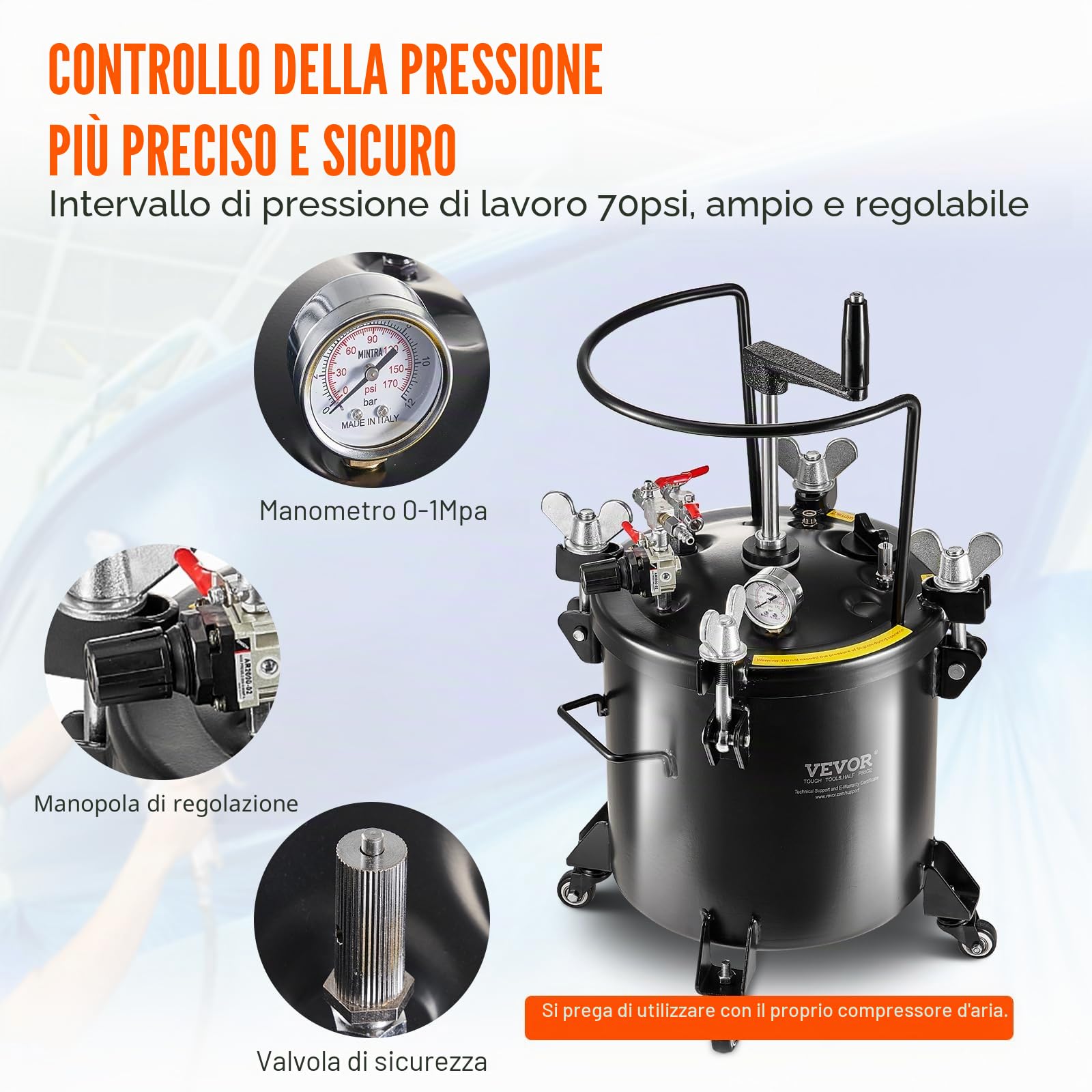 VEVOR Contenitore a Pressione per Vernice Spruzzo, Contenitore a Pressione 20L, Contenitore a Pressione Acciaio a Pressione 70PSI Rulli Sigillante Riparazione, Decorazioni per Pittura Industriale