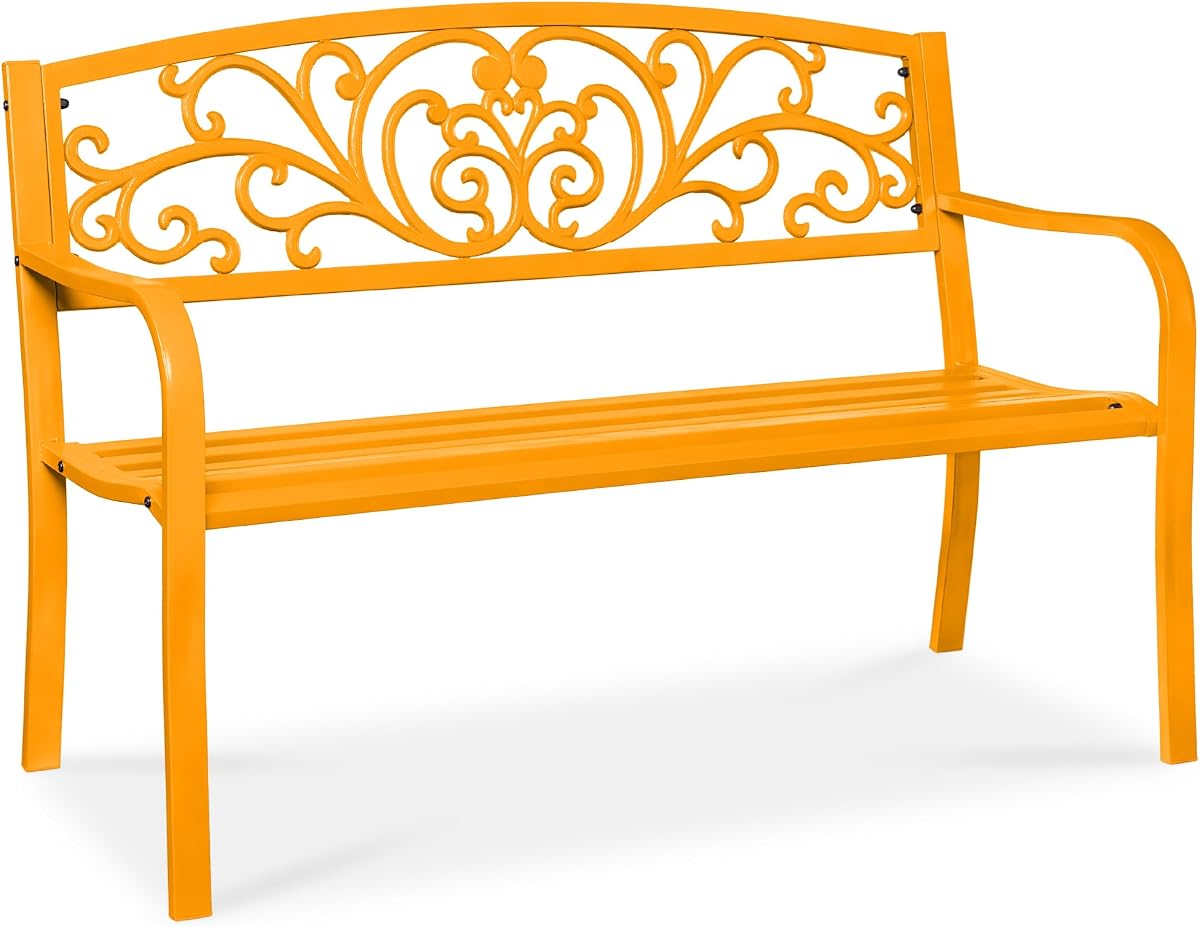 Best Choice Products Banco de exterior de acero para jardín, patio, porche, muebles para césped, parque, cubierta con respaldo de diseño floral, asiento de listones - Marigold