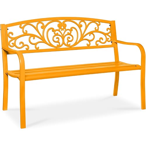 Best Choice Products Outdoor Bench Steel Garden Patio Porch Furniture for Lawn, Park, Deck w/Floral Design Backrest, Slatted Seat - Marigold