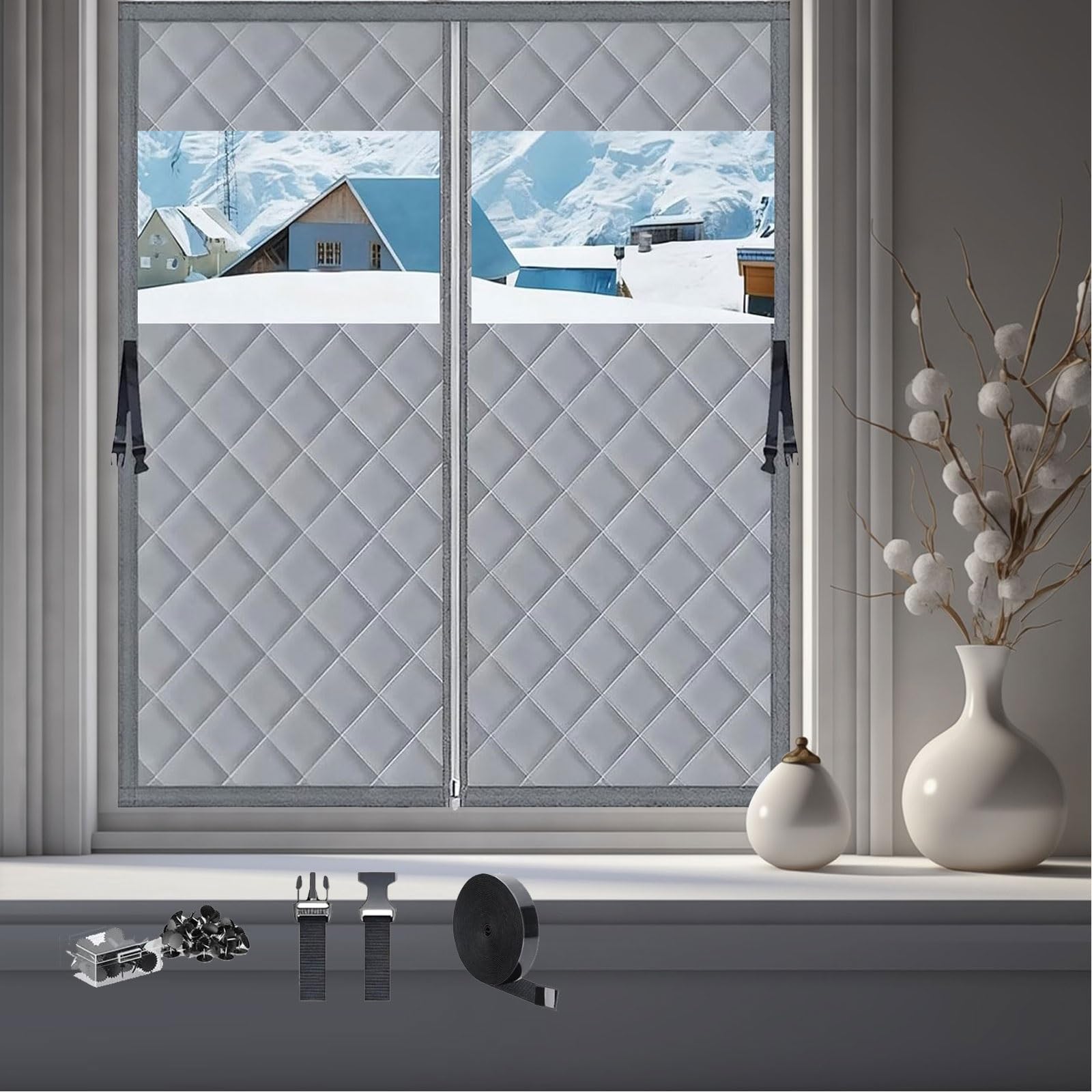 Sichtbare Thermo Cover Fenster, 100/120/140/150/200 cm Fenster-Isoliervorhänge für Wärme, Baumwoll-Fensterisolationsset Isolierte Fensterabdeckung für Winter(Gray,100x220cm)
