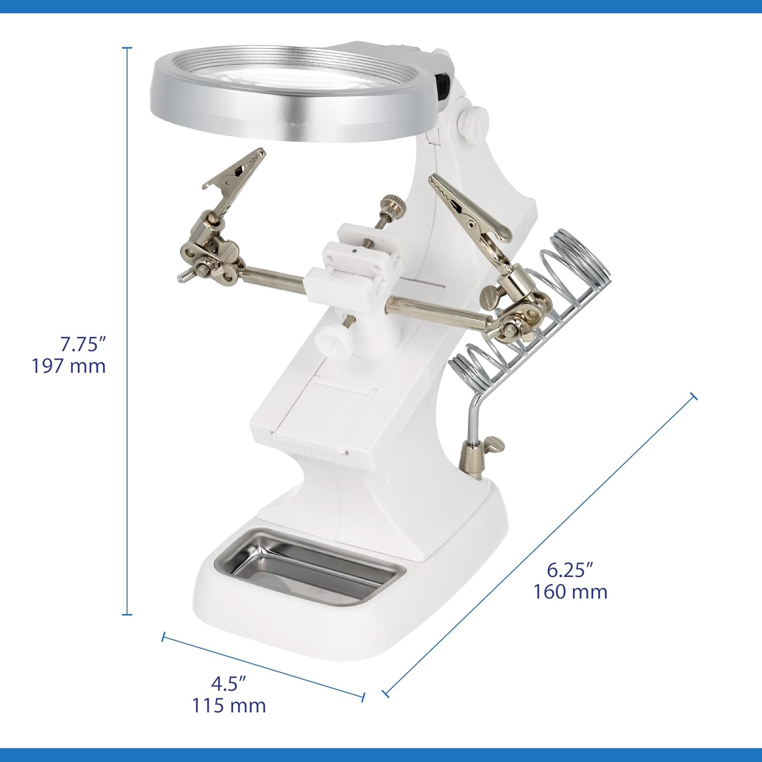 The Beadsmith Third Hand Magnifier – 3.0X Lens w/ 4.5X Inset Lens, 10 LED Lights, Fully Adjustable, Includes Alligator Clips, Tool Holder, & Removable Metal Tray