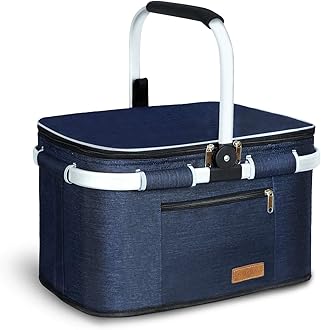 35L Large Picnic Basket 2 Layers of Internal Pockets Leak-Proof and Insulated ，Folding with Internal Support for enhansed Stability, Wedding Gifts for Couple(Navy Blue)