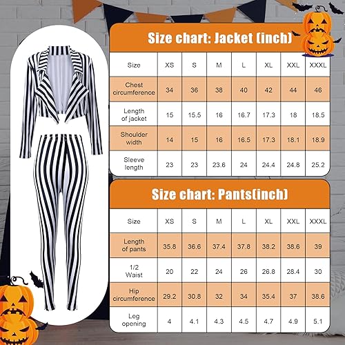 Vista 2 de SATINIOR Traje de Halloween a rayas verticales blancas y negras para mujer, pantalones de longitud con chaqueta de corbata