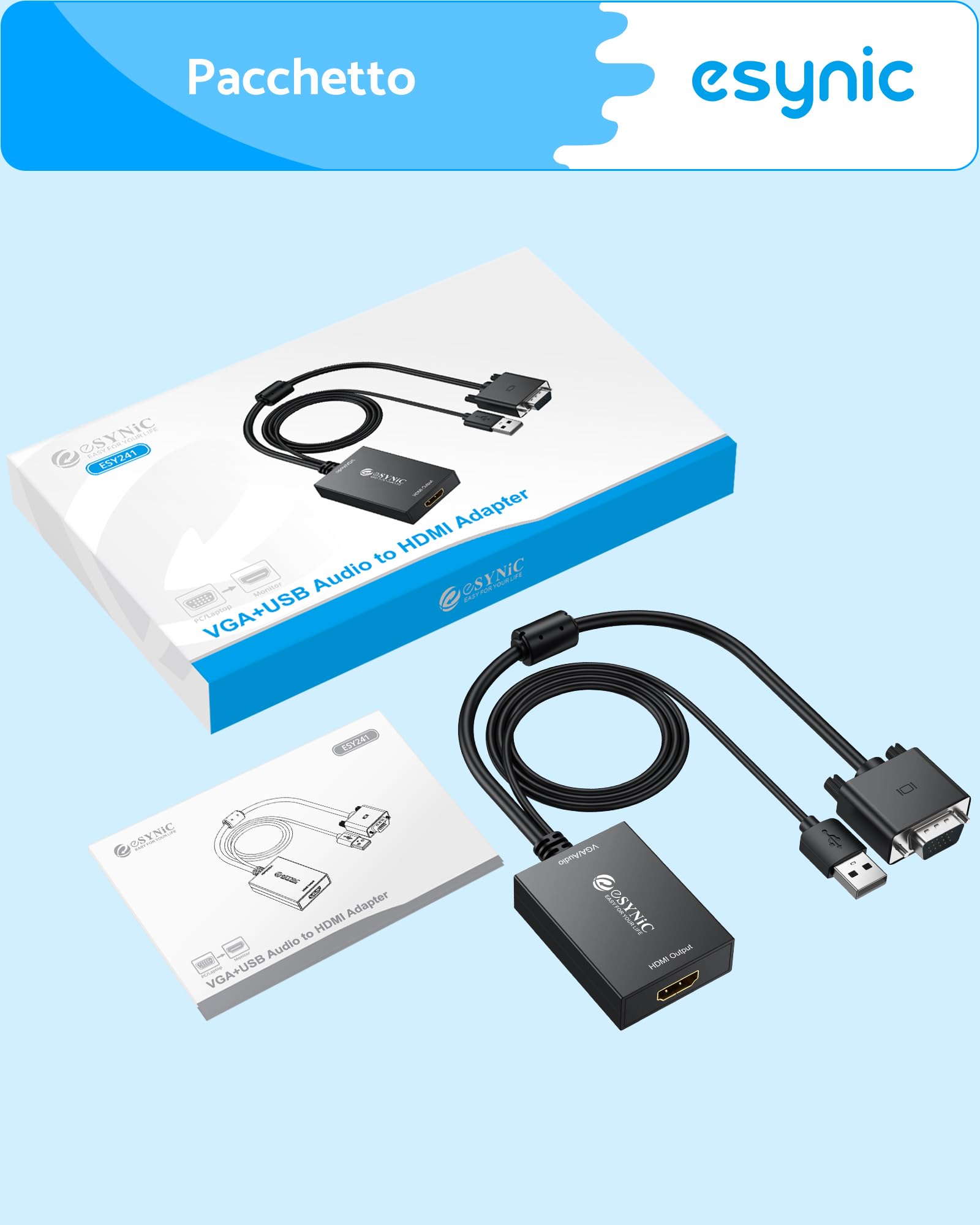 eSynic Convertitore VGA a HDMI con USB Audio Supporta 1080P, Adattatore Analogico a Digitale con Cavo VGA 30cm e Cavo USB 1M a HDMI Video Audio 2CH, Connettore Placcato Oro per PC HDTV Proiettore