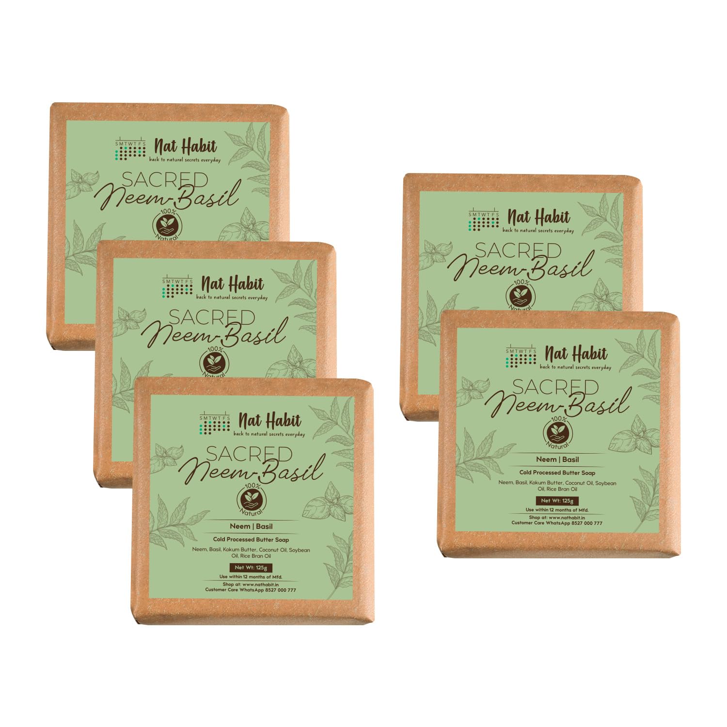 Nat Habit Neem Basil Butter Soap|Cold Processed Ayurvedic Soap with Neem Actives|Antibacterial, Herbal Soaps for Bath|Anti-Inflammatory Handmade Neem Soap Bar|Essential Oils for Body Acne| 125g x 5