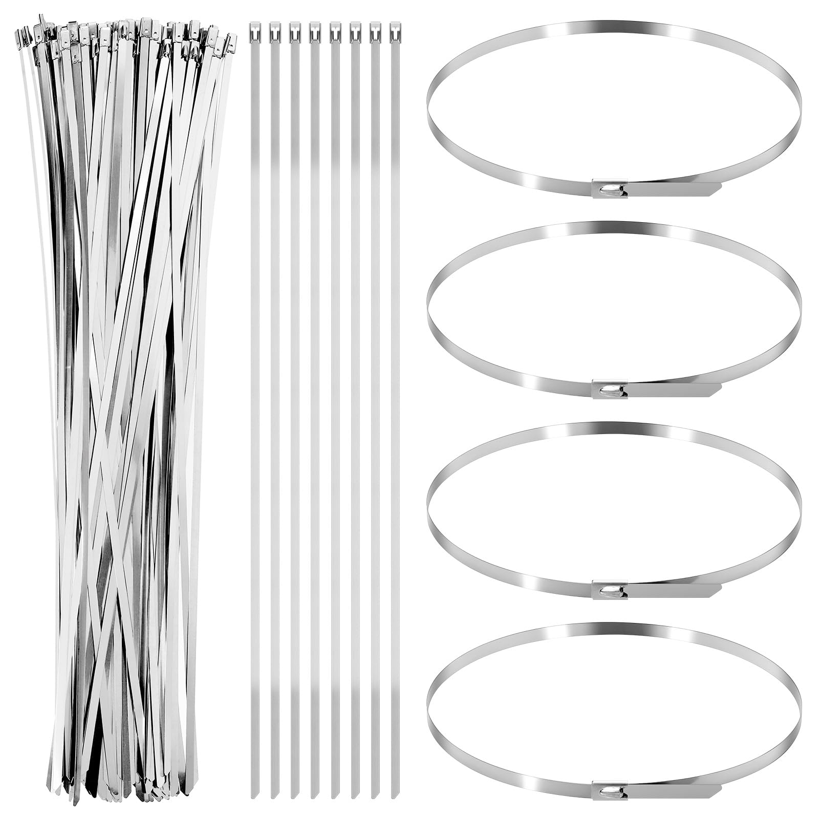 Glarks 100pcs 4.6 x 400mm 304 Stainless Steel Zip Ties Kit, Multi-Purpose Self-Locking Cable Ties, Metal Wire Ties for Machinery, Vehicles, Farms, Pipes, Roofs, Cables, Home, Garden