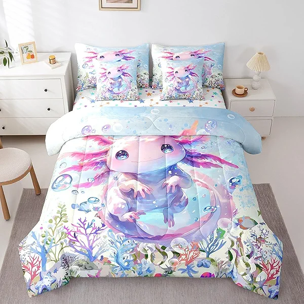 Feelyou Boys Girls Cute Axolotl Comforter Set with Sheets Twin Size, Ocean Sealife 7 Pieces Bedding Sets Kids Kawaii Bed in A Bag Cartoon Salamander Bed Set