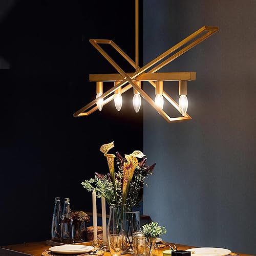 Miniatura 4 de Candelabros dorados para comedor, 5 luces modernas lineales para isla de cocina, lámpara de araña grande de 31 pulgadas con acabado dorado