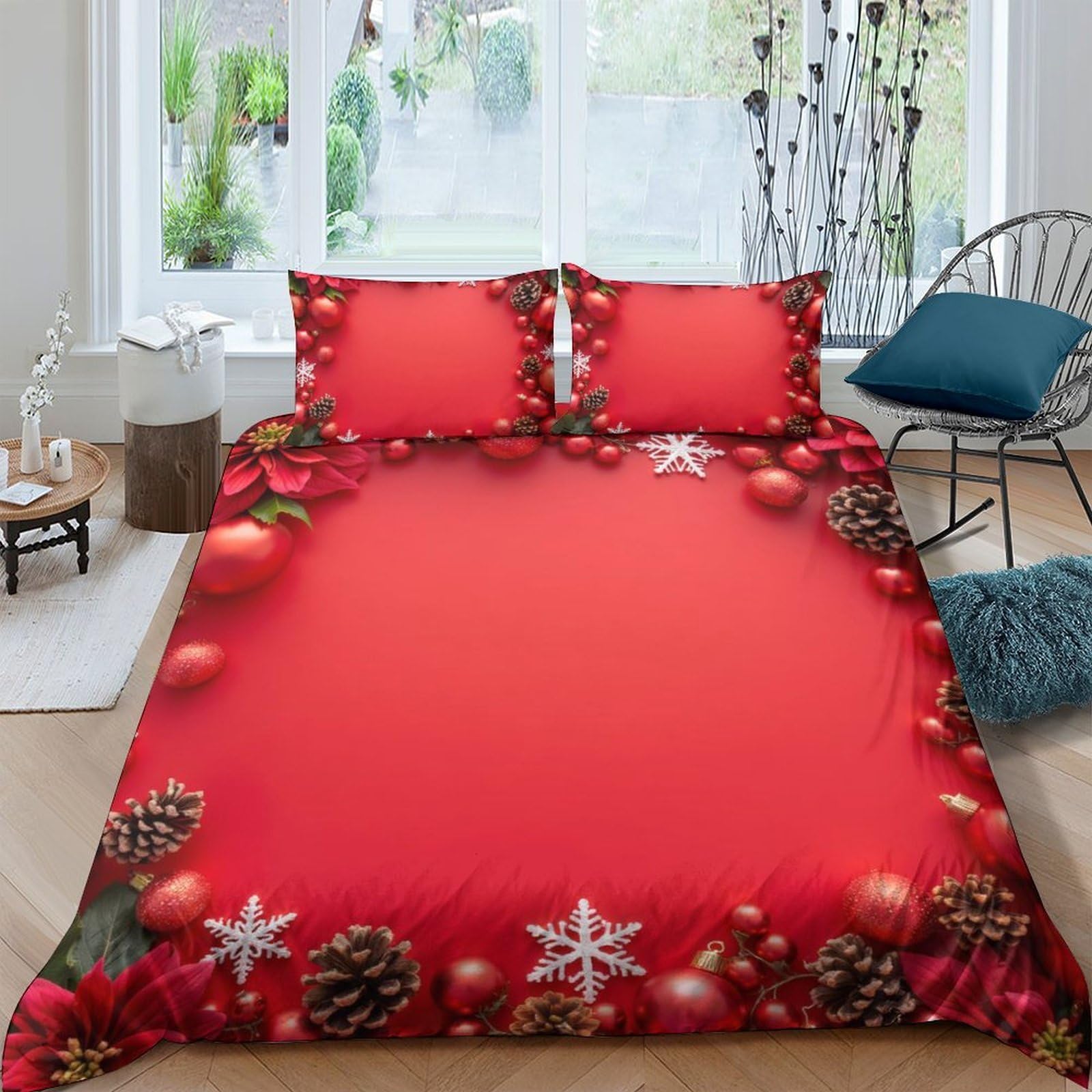 Ctjqhvkz Style-2 3D Printed Christmas Red Fitted Sheet Microfiber Soft Decorative Snowflake Pinecone Bed Cover For Bedroom Guest Room Single（135X200cm）