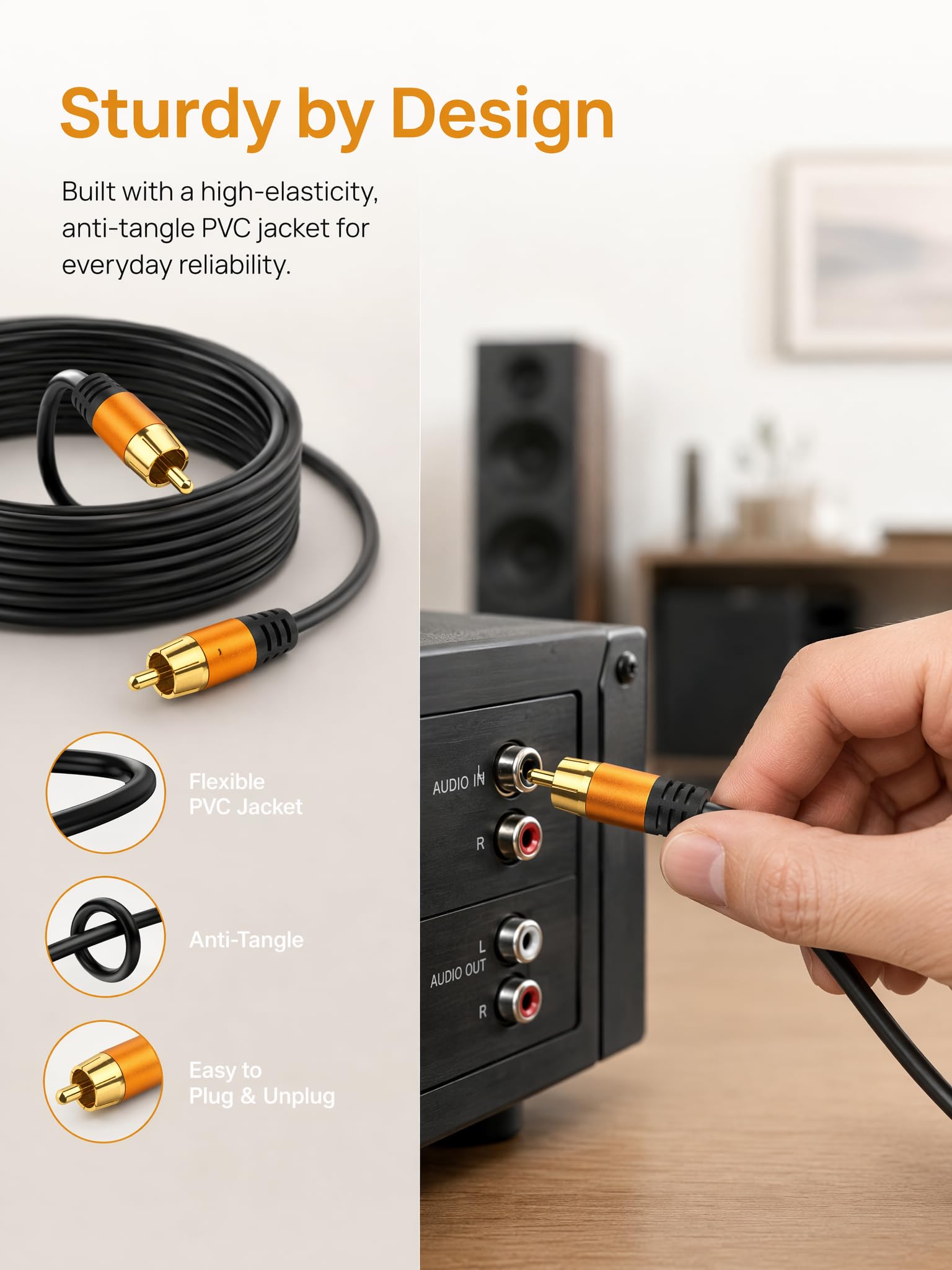 Cable de audio coaxial digital de 75 pies, 1RCA macho a 1RCA macho, cable de subwoofer RCA para subwoofer, cine en casa, video/audio subwoofer cámara de estacionamiento de visión trasera