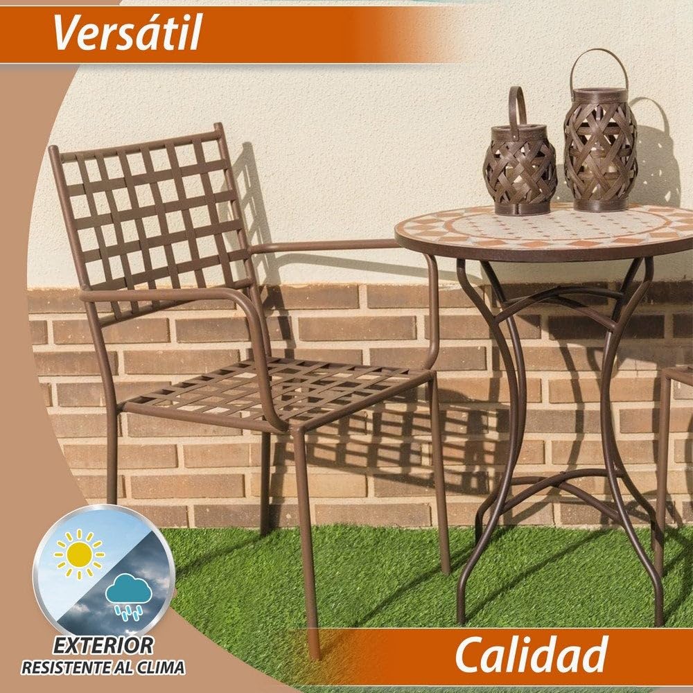 LOLAhome Pack 2 Silla de jardín Cartago Marrón Oxido | Estilo Hierro Forjado | Contract, Resistentes y Duraderas | Apilable y con Brazos | 56x61x90 cm | para Exterior, jardín, terraza | Cartago