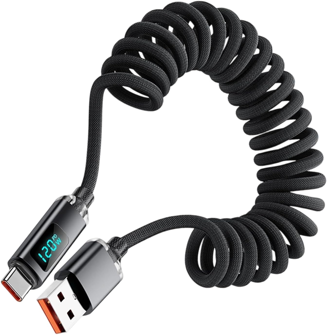 Fast Charging USB C Cable - 120W Spring Charger Cord, 3 Ft Cable With Digital Current Display For Electronics With Free Features, Tech Accessory, Car Travel Home Desk