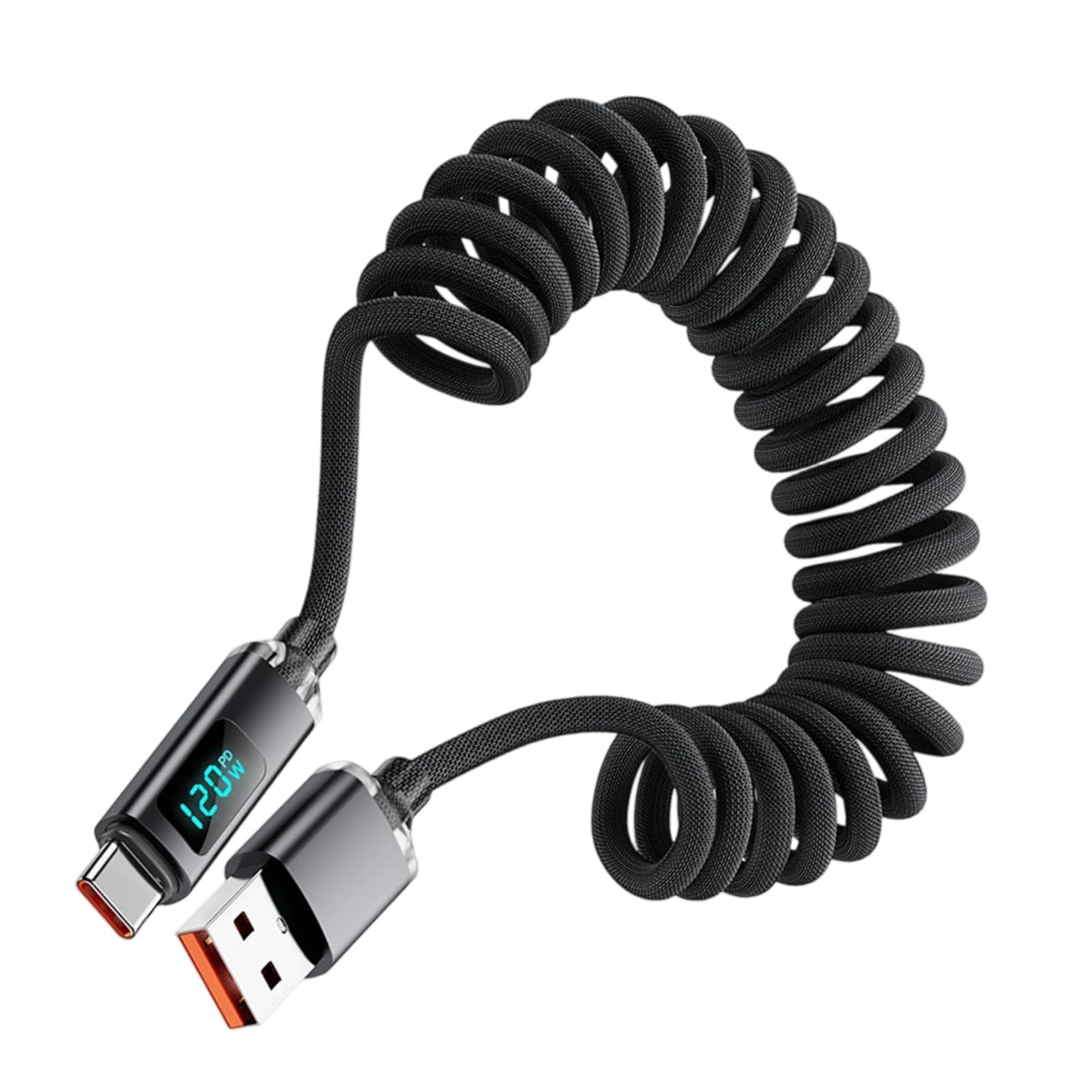 Fast Charging USB C Cable - 120W Spring Charger Cord, 3 Ft Cable With Digital Current Display For Electronics With Free Features, Tech Accessory, Car Travel Home Desk