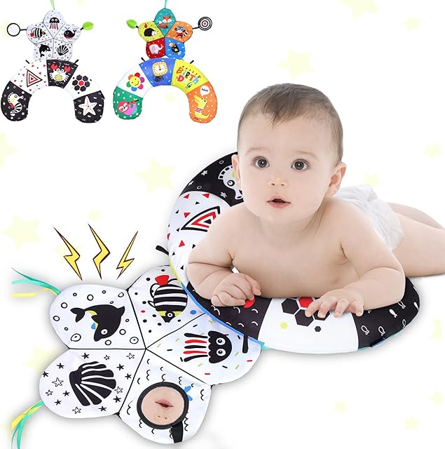 Baby Tummy Time Toys, Black and White High Contrast Tummy Time Pillow Mirror with Sound, Colors, Texture, Patterns-Sensory Toys for 0 6 Months Plus Babies, Montessori Newborn Toys Baby Boy Girl Gift
