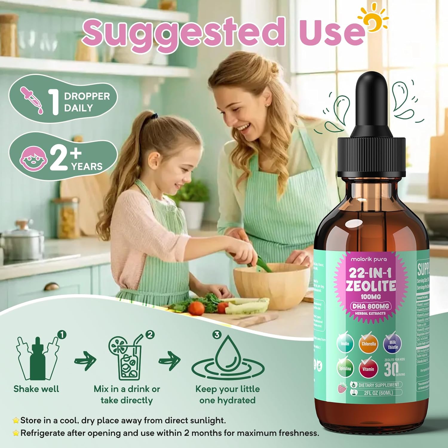Zeolite Detox for Kids and Adults, Herbal Detox with 800mg DHA, 500mg Inulin, Probiotics & Vitamin B12, D3, C, B6, Cilantro Extract Cleanse to Support Brain, Immune, Gut, Energy, Strawberry, 60ML