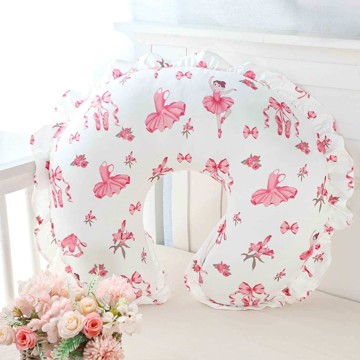 Ruffle Nursing Pillow Cover, Removable Stetchy Case for Breastfeeding Pillows, Ultra Soft and Breathable Feeding Pillow Slipcover with Modern Design Lace for Infant Girls Boys, Pink Ballet