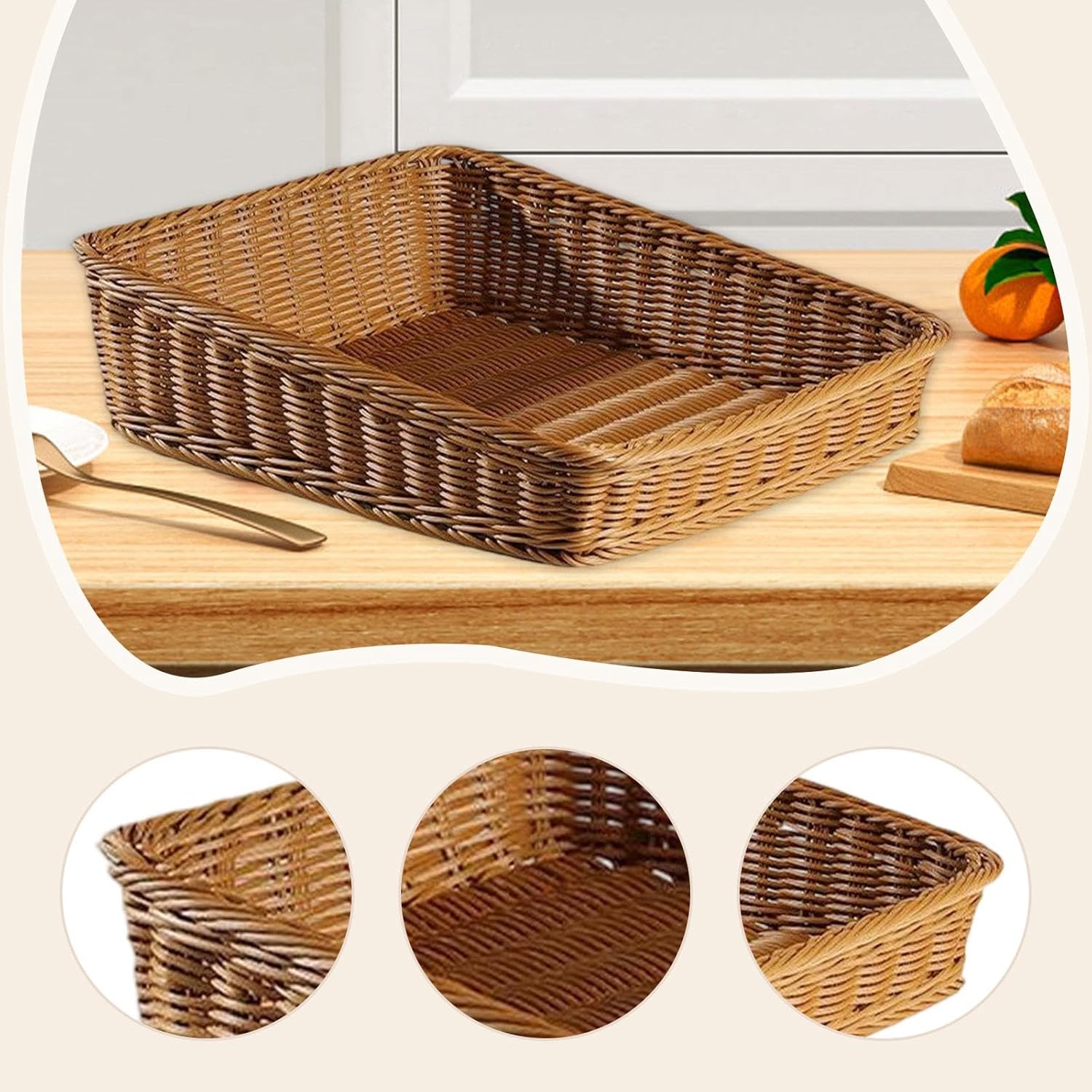 Large Bread Basket for Serving - 17.7x14.6x5.1 Inch Woven PP Storage Basket, Counter Organizer for Fruit, Vegetables, Bread, Kitchen & Home