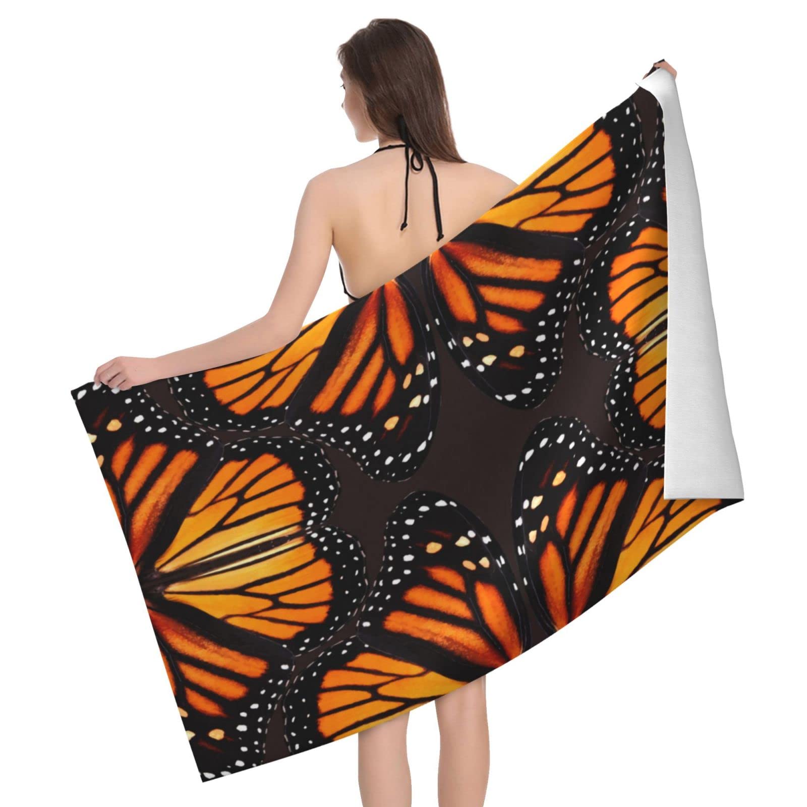 Lawenp Orange Butterfly Beach Towel, Lightweight Sand Free Quick Dry Microfiber Absorbent Bath Towel for Kids, Adults, Swimming, Bath, Yoga, Pool, Travel, Camping 32"X52"