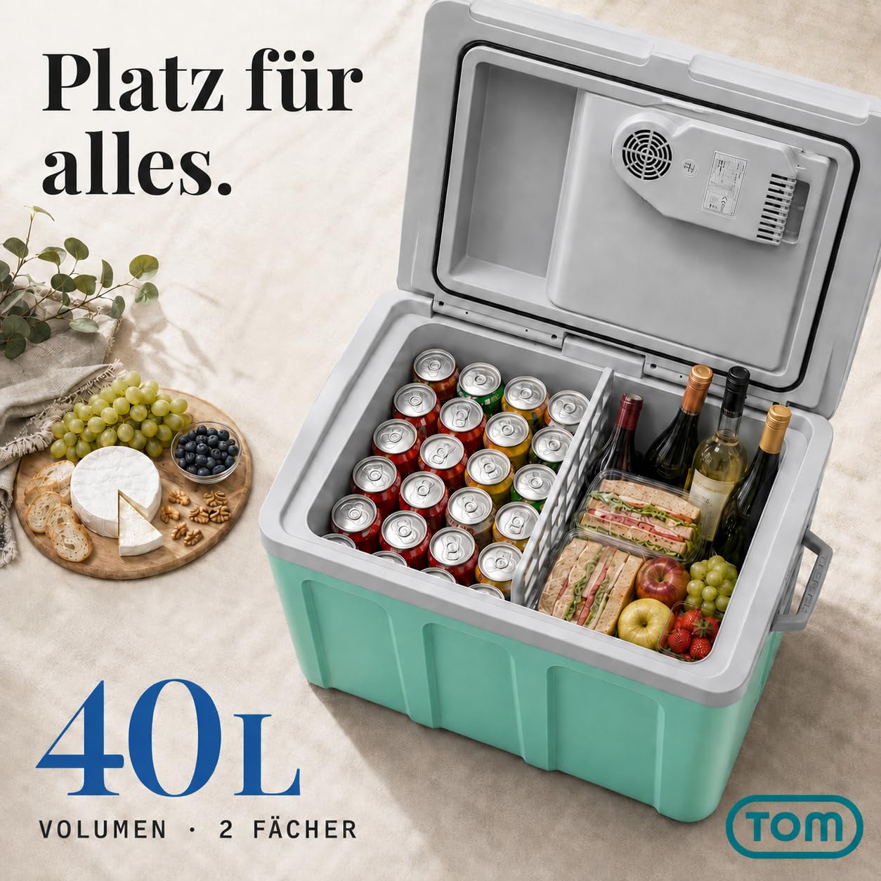 TOM 2in1 XXL Kühlbox 40l mit Kühl- und Heizfunktion – elektrische Coolbox mit Rollen – 230V & 12V Strom Anschluss – Elektrisch – für Auto, Camping, Wohnwagen & Co – Plus Geschenk
