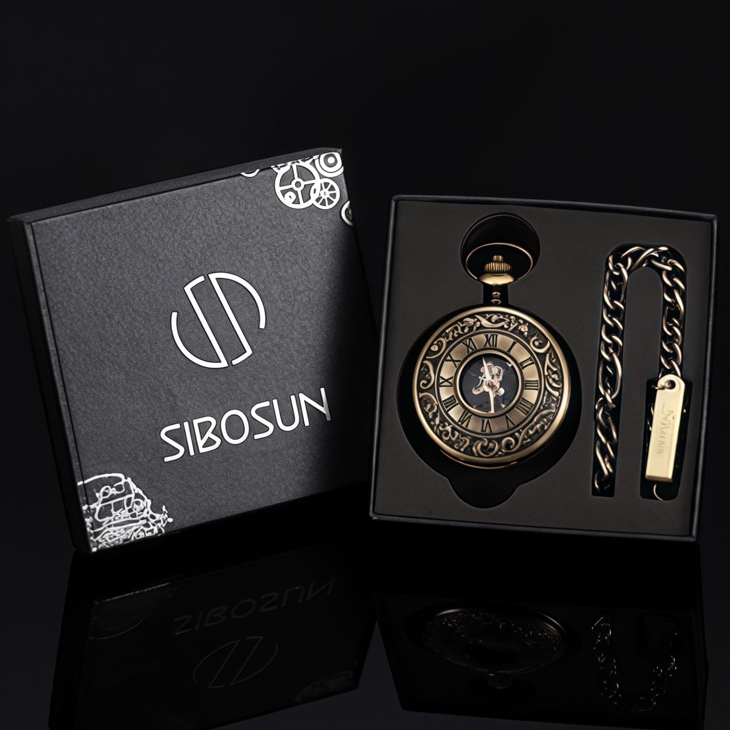 SIBOSUN Pocket Watch Mechanical Skeleton Steampunk Antique Pocket Watch with Chain and Box for Men Women Roman Numerals Dial