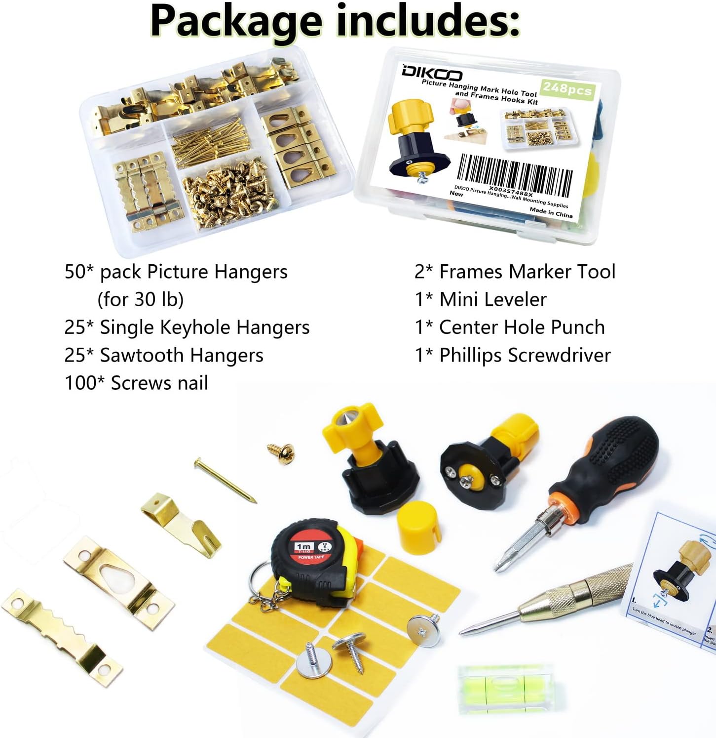 DIKOO Picture Hanging Hole Marked Tool and Frame Hanger Hooks Kit - 248 Pieces Assortment with Picture Hanging Hooks, Nails, Single Keyhole Hangers and Sawtooth Hangers for Wall Mounting Supplies