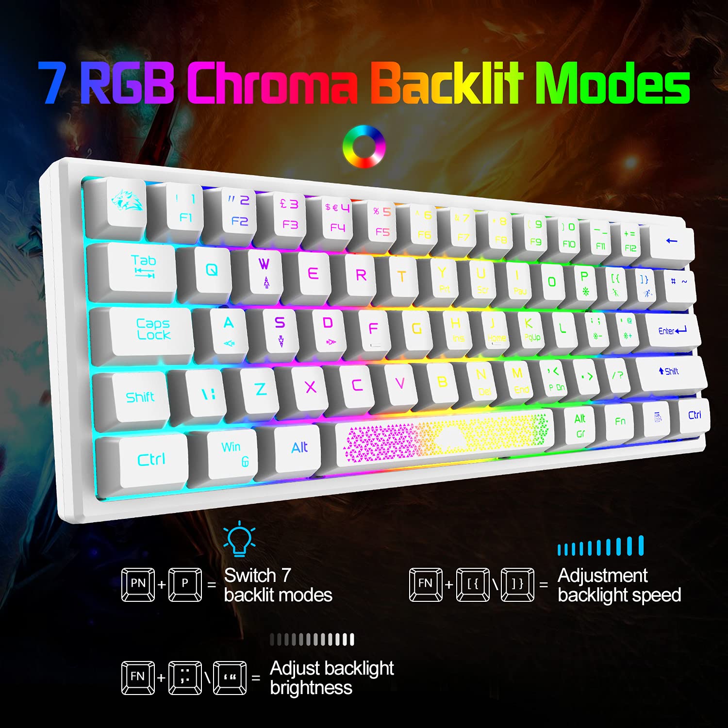 Tastiera e Mouse da Gioco RGB Layout QWERTY USB Cablato 60% 62 tasti Mini Gaming Keyboard Portatile 7 RGB LED backlit +2400 DPI Mouse ultraleggero Guscio a nido d'ape + Tappetino per mouse-Bianco