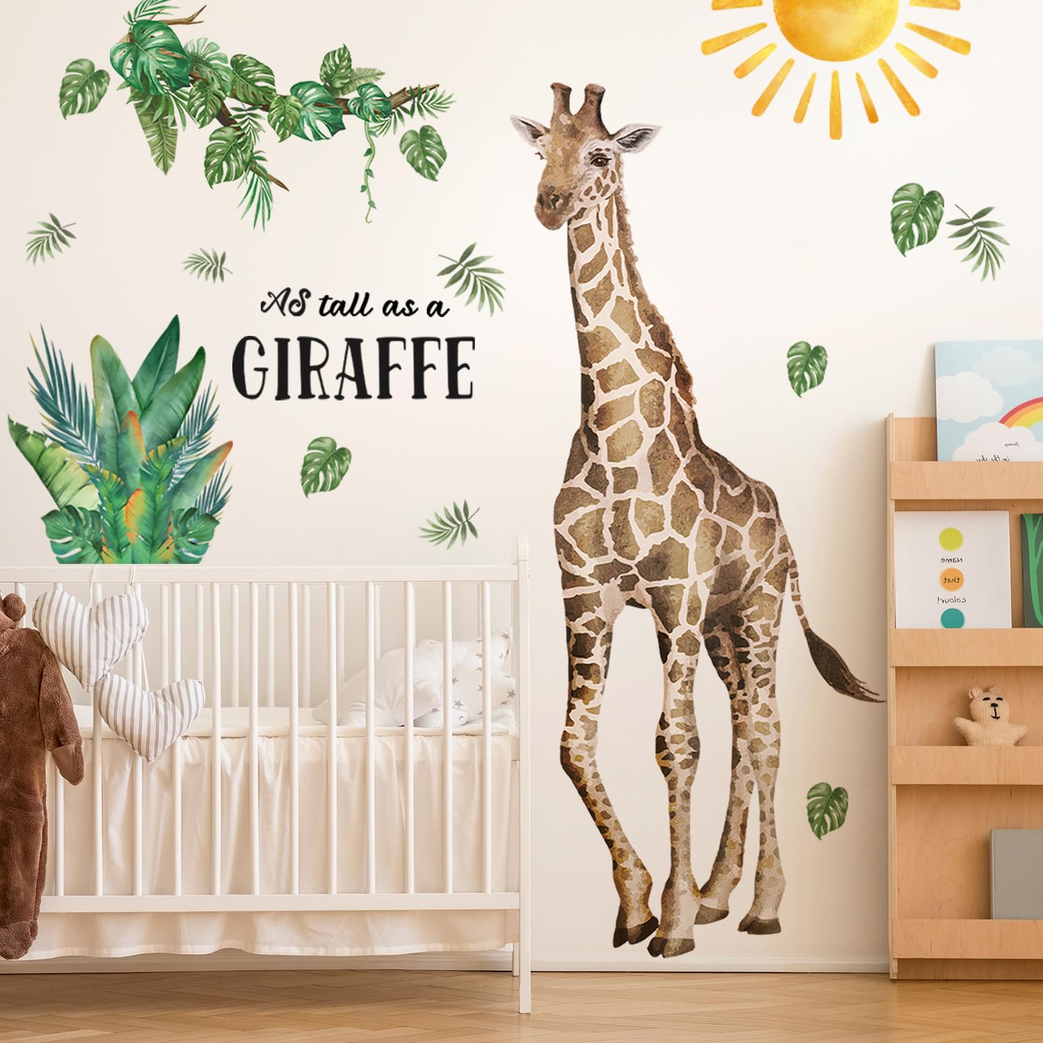 RAINBOW WSK Lifelike Giraffe Wall Decals for Kids Room Large Jungle Animal Giraffe Wall Stickers with Tropical Palm Leaves Wall Art Nursery Boys Girls