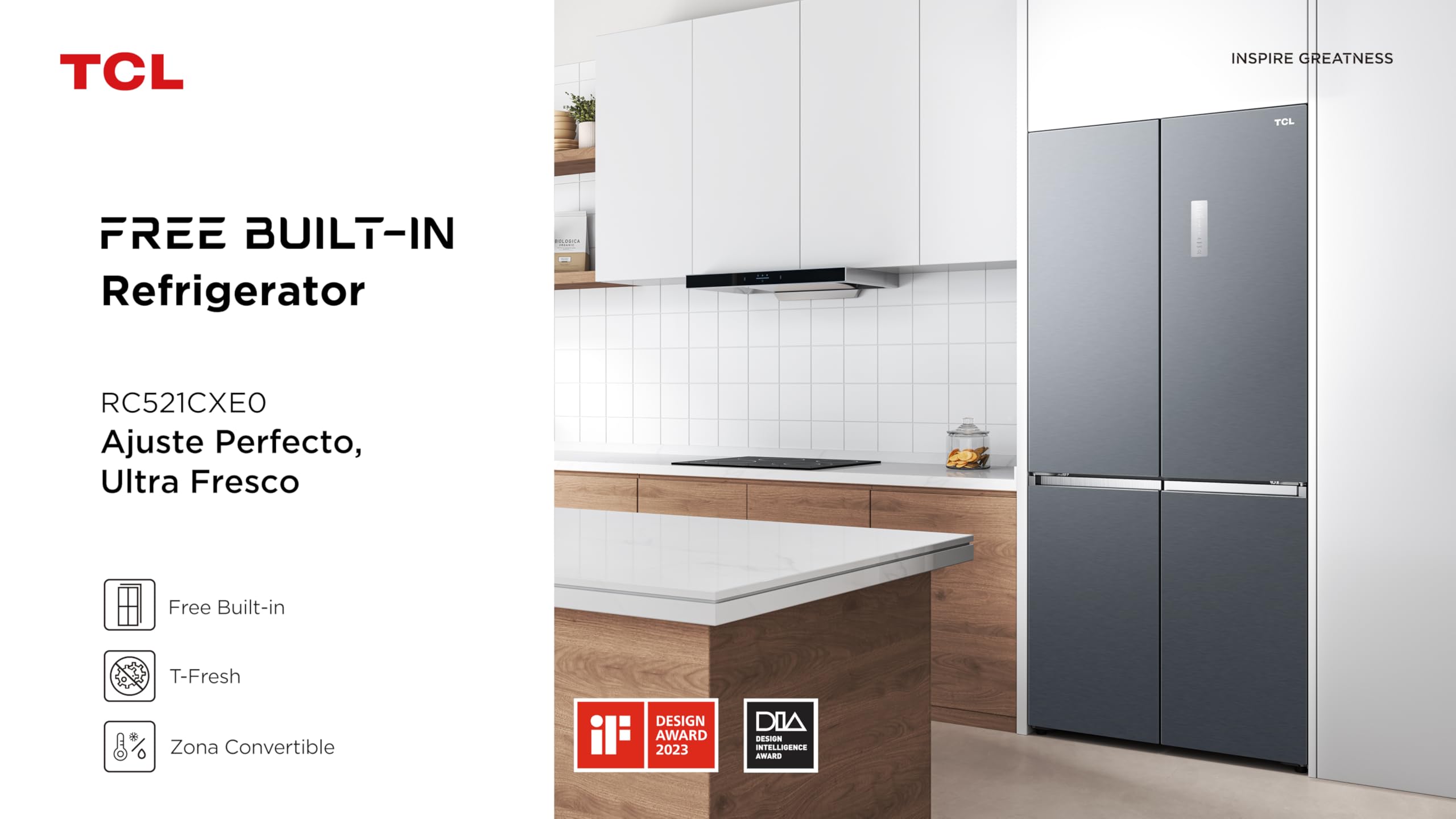 TCL RC521CXE0 Frigorífico Serie Free Built-in, 521 L, [Clase de eficiencia energética E], XL Gran Capacidad, T-Fresh, Aire Puro, Zona Convertible
