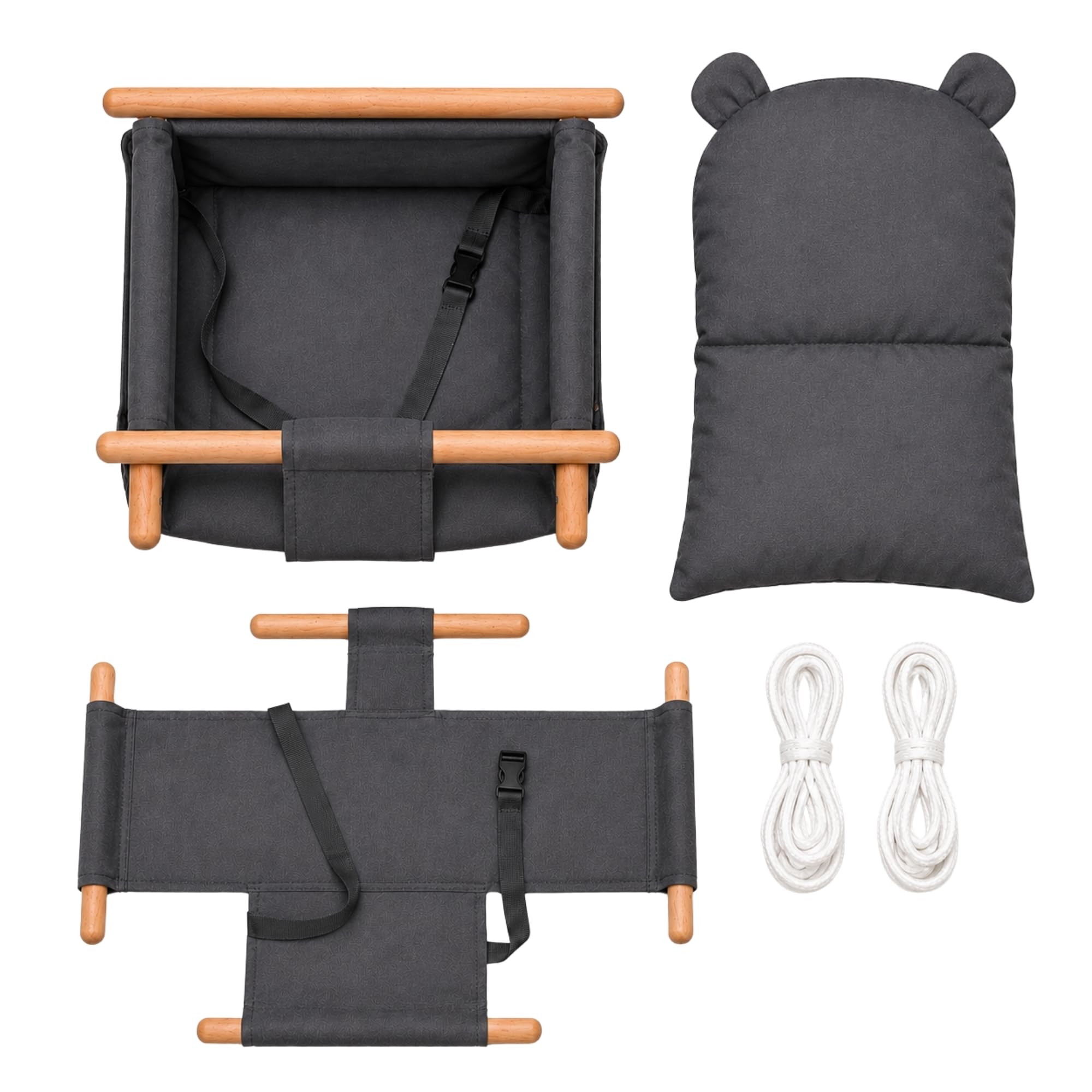 Columpio para bebés y niños pequeños, 100% algodón y madera de haya, con cinturón de seguridad, altura regulable, hasta 30 kg, diseño de oso, color gris